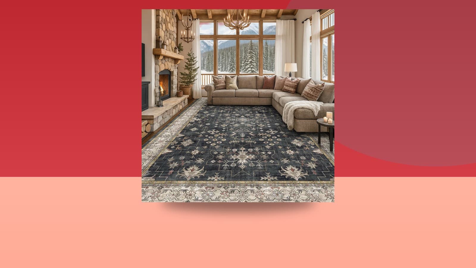 Boho Black Rug for Living Room - Washable 10x14 Ar