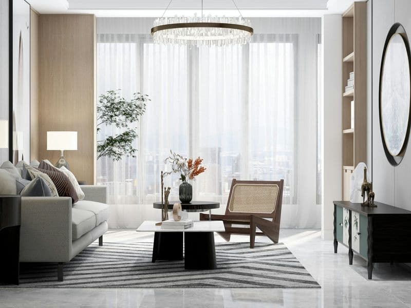Bright, airy modern living room with minimalist decor on a summer day