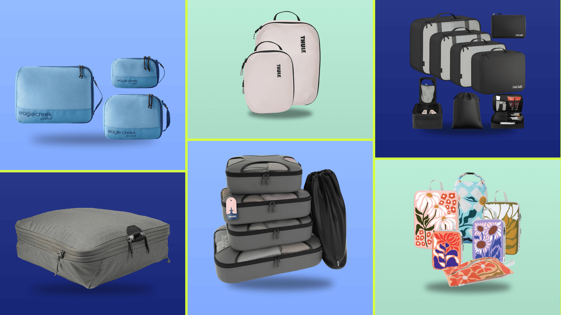 Eagle Creek, Thule, Peak Design, Shacke, BAGAIL, and Gonex packing cubes arranged on a colorful background