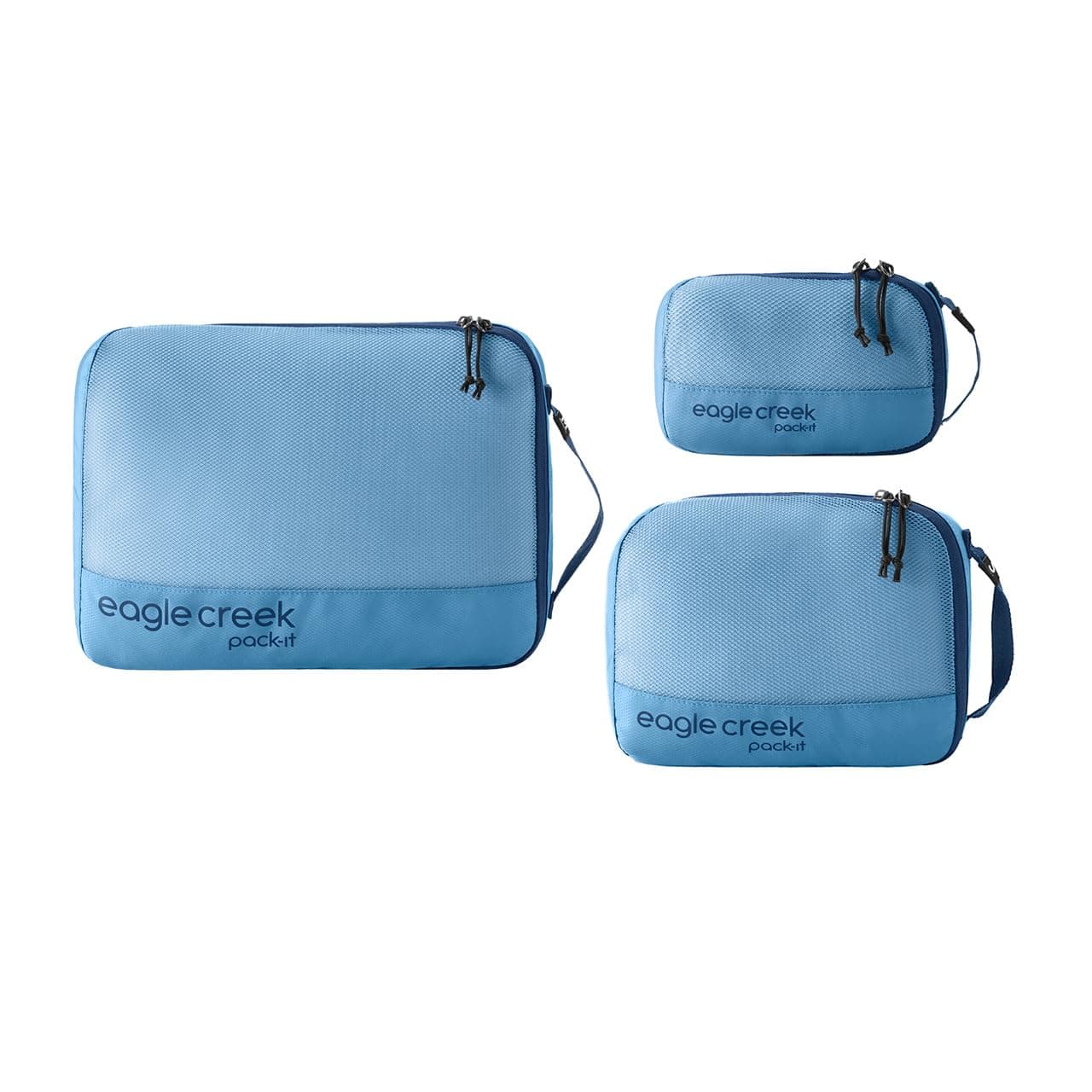 Graduated packing cube set with clothes organized by category in an open suitcase
