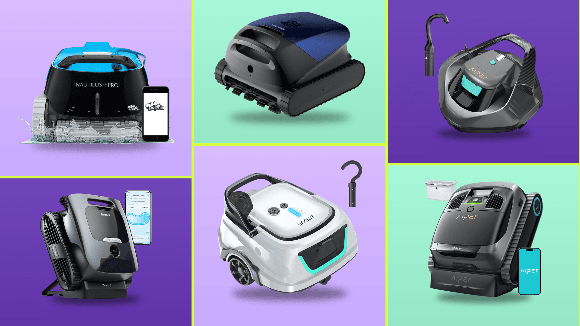 Six of the best robotic pool cleaners of 2026 shown as product cutouts on a colorful grid