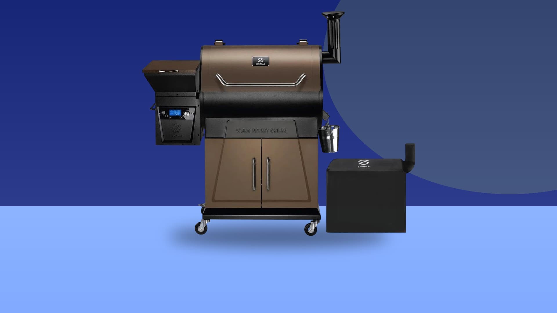 Z Grills 700D6 wood pellet grill on a colorful studio background