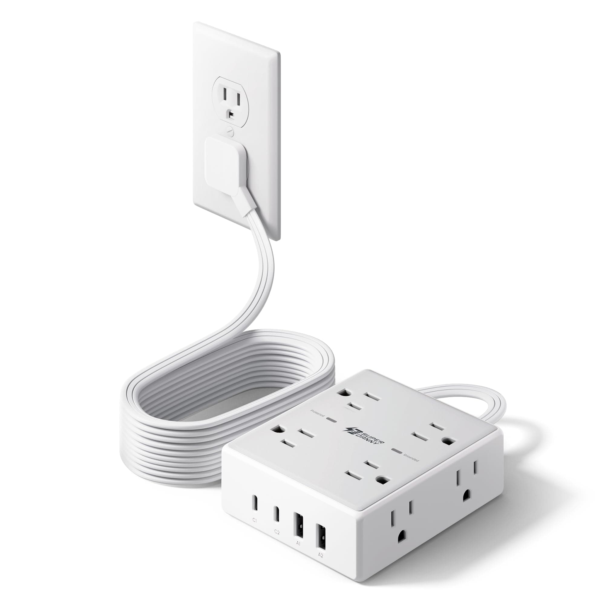 10Ft Flat-Plug Power Strip, 8 Outlets and 4 USB