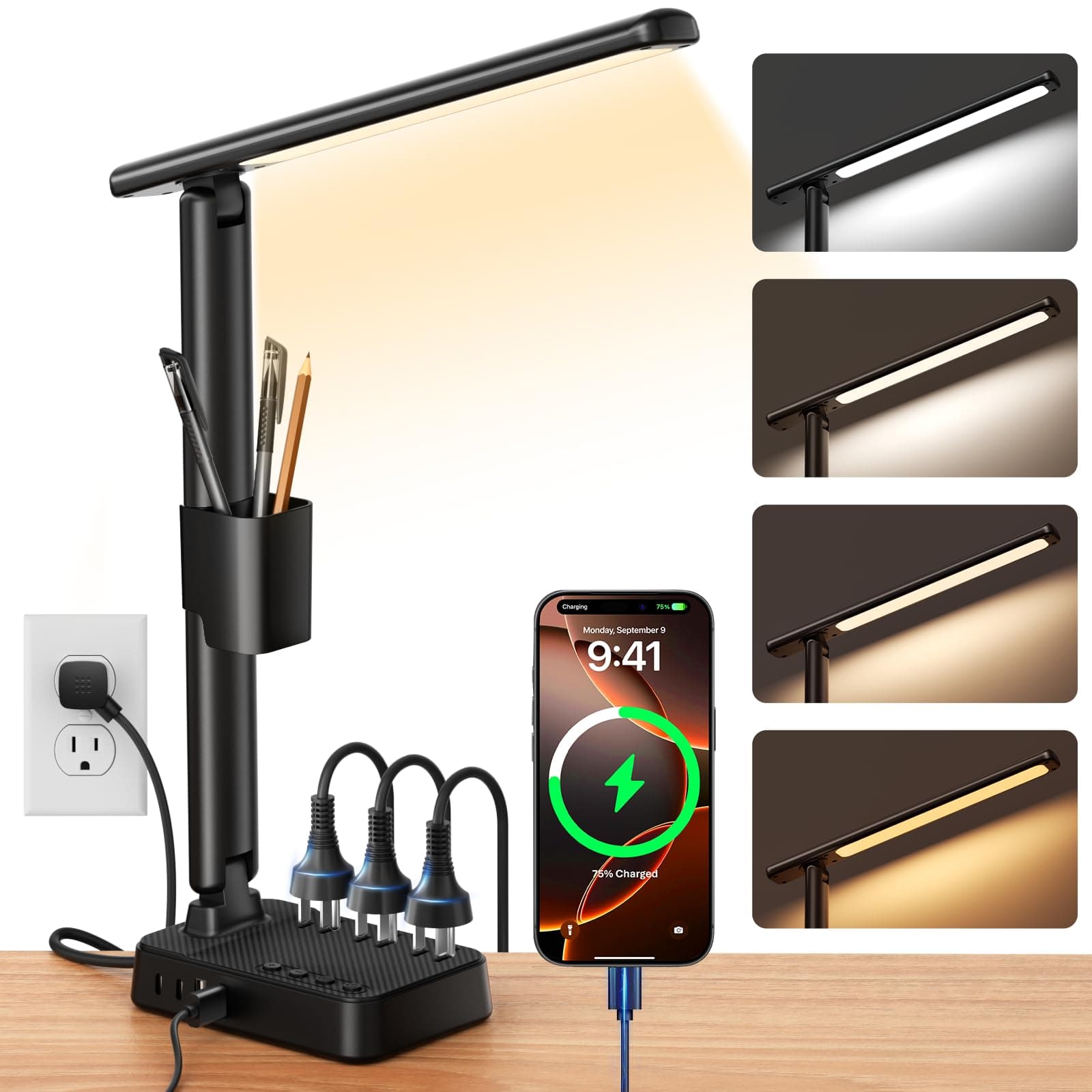 Desk Lamp with 3 AC Outlets & 4 USB Ports, 10ft Cord