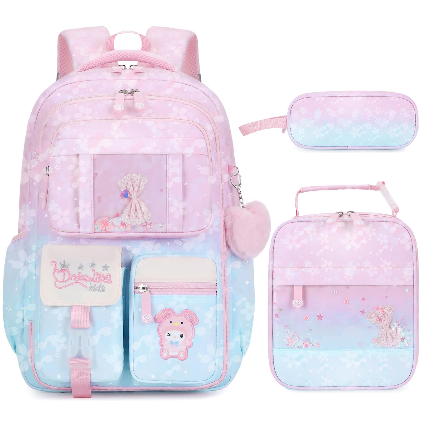 Jafeton Girls Backpack 3-Piece Set with Lunch Bag