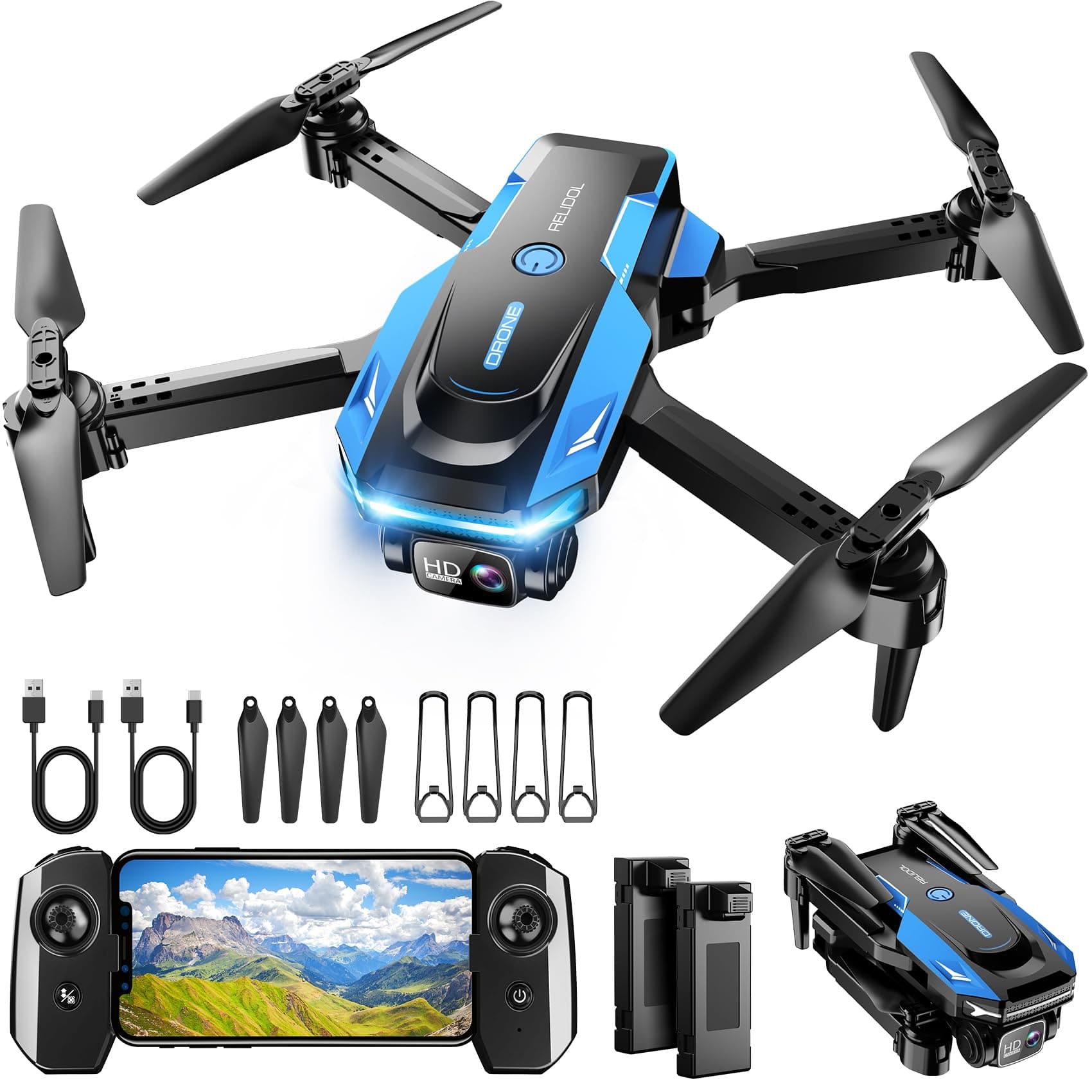 Foldable 1080p Beginner Camera Drone with 2 Batteries