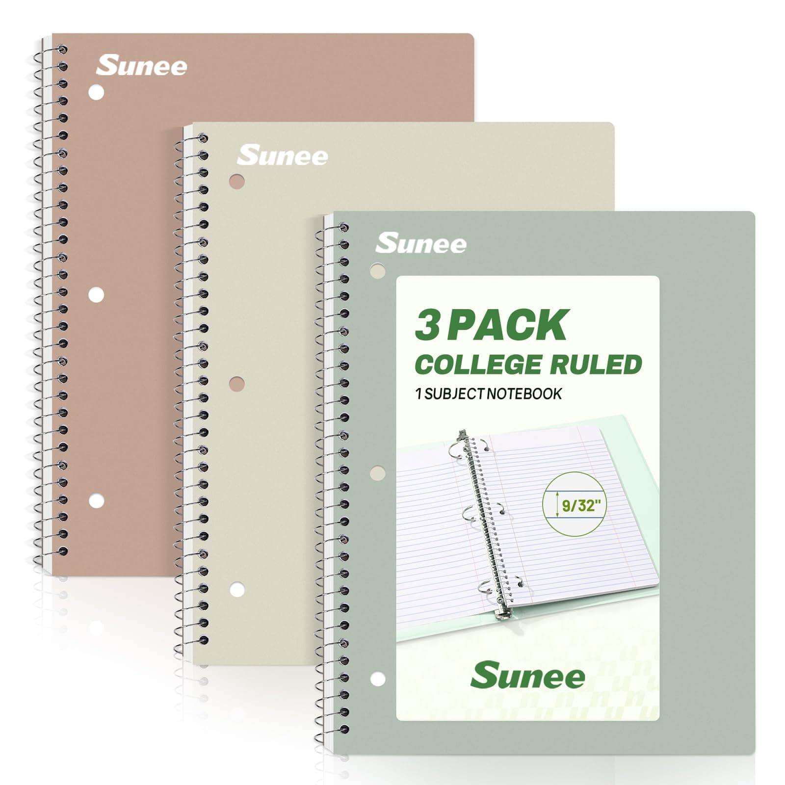 SUNEE 1-Subject Spiral Notebooks, College Ruled, 3-Pack