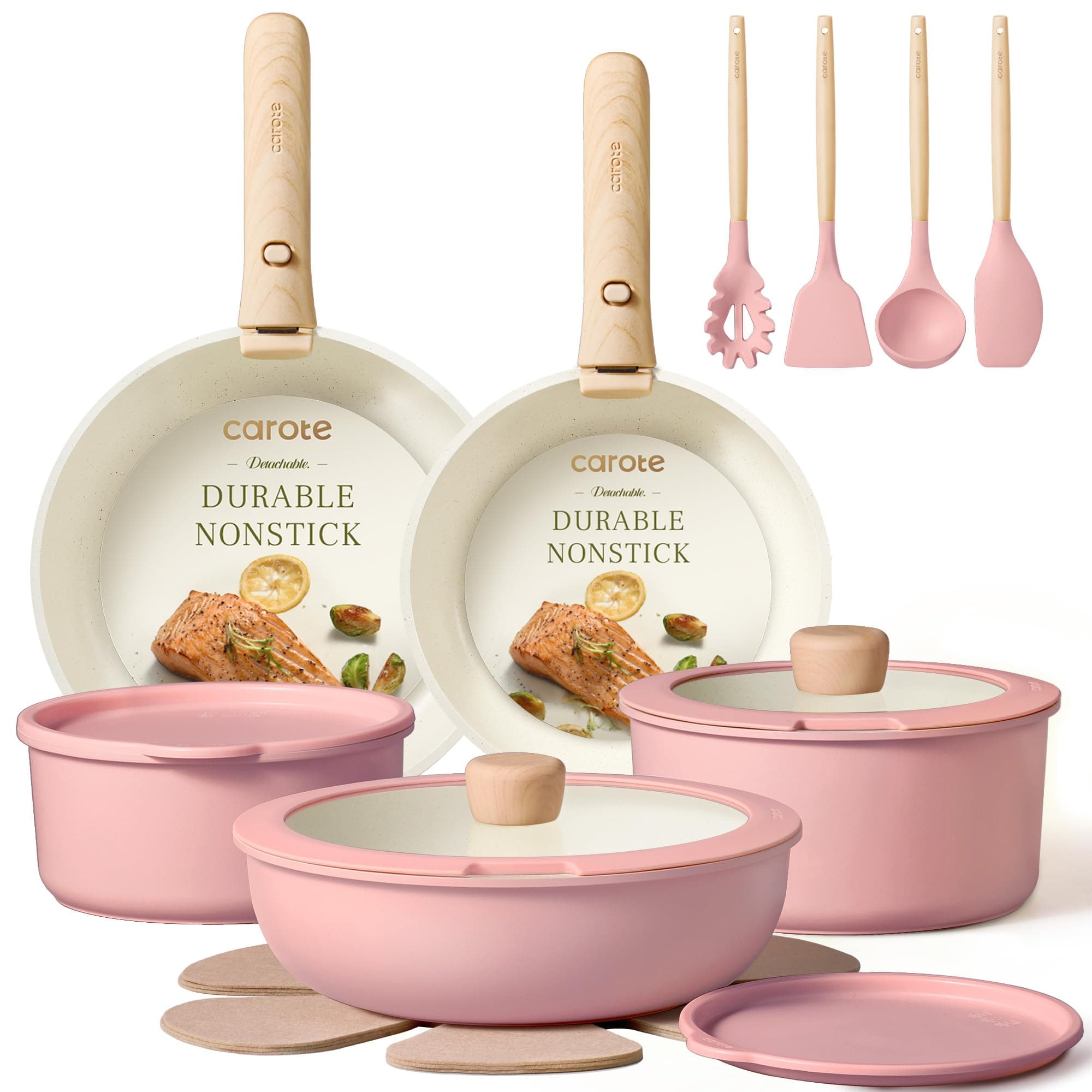 CAROTE 19pc Detachable-Handle Nonstick Cookware Set, Pink