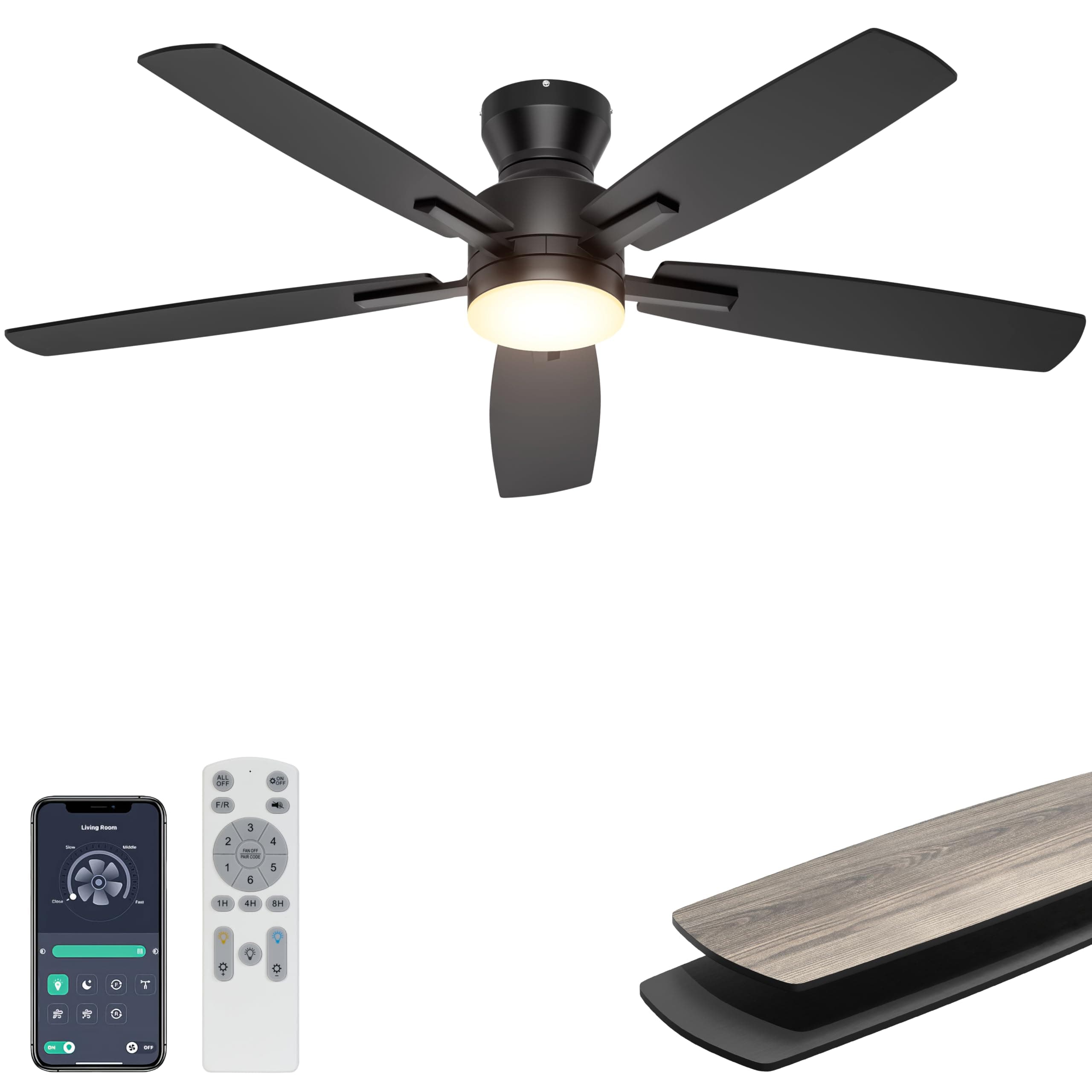 Ohniyou 52-Inch Low Profile Ceiling Fan, App + Remote
