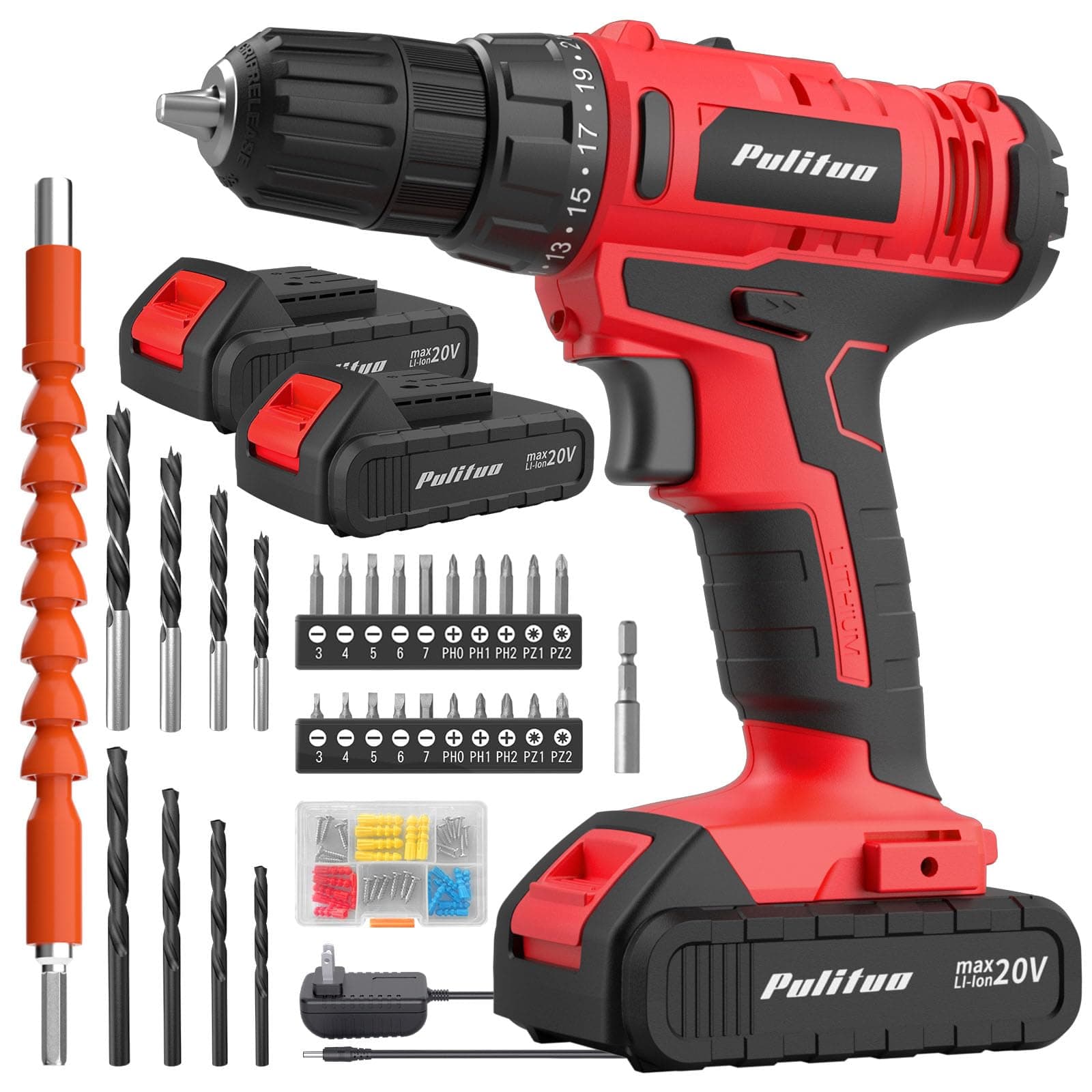 PULITUO 20V Cordless Drill Kit, Two Batteries