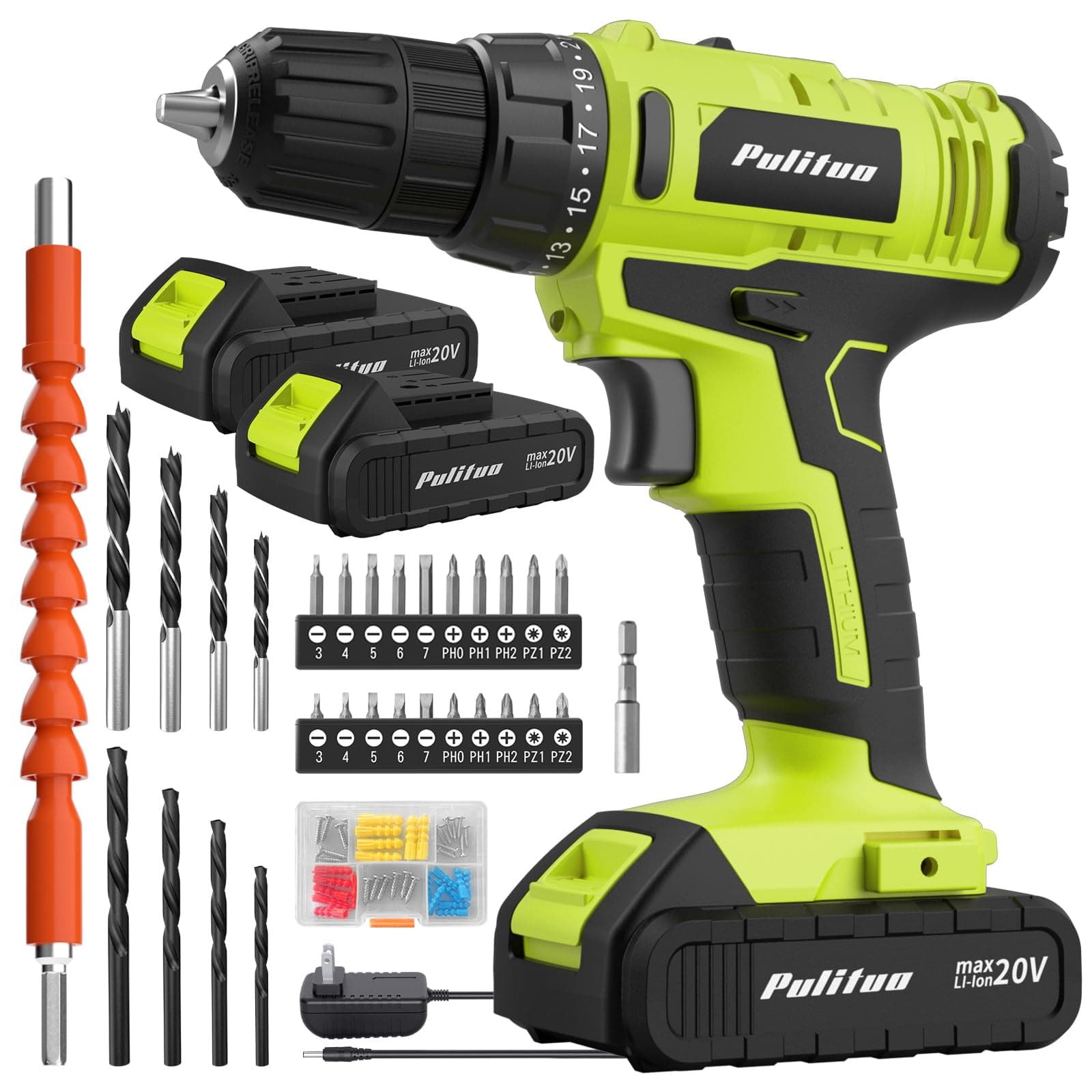 PULITUO 20V Drill Kit with 2 Batteries, Green