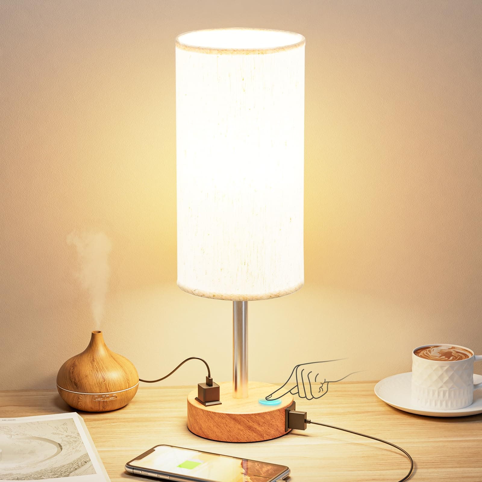 3-Way Dimmable Touch Bedside Lamp with USB-C + Outlet