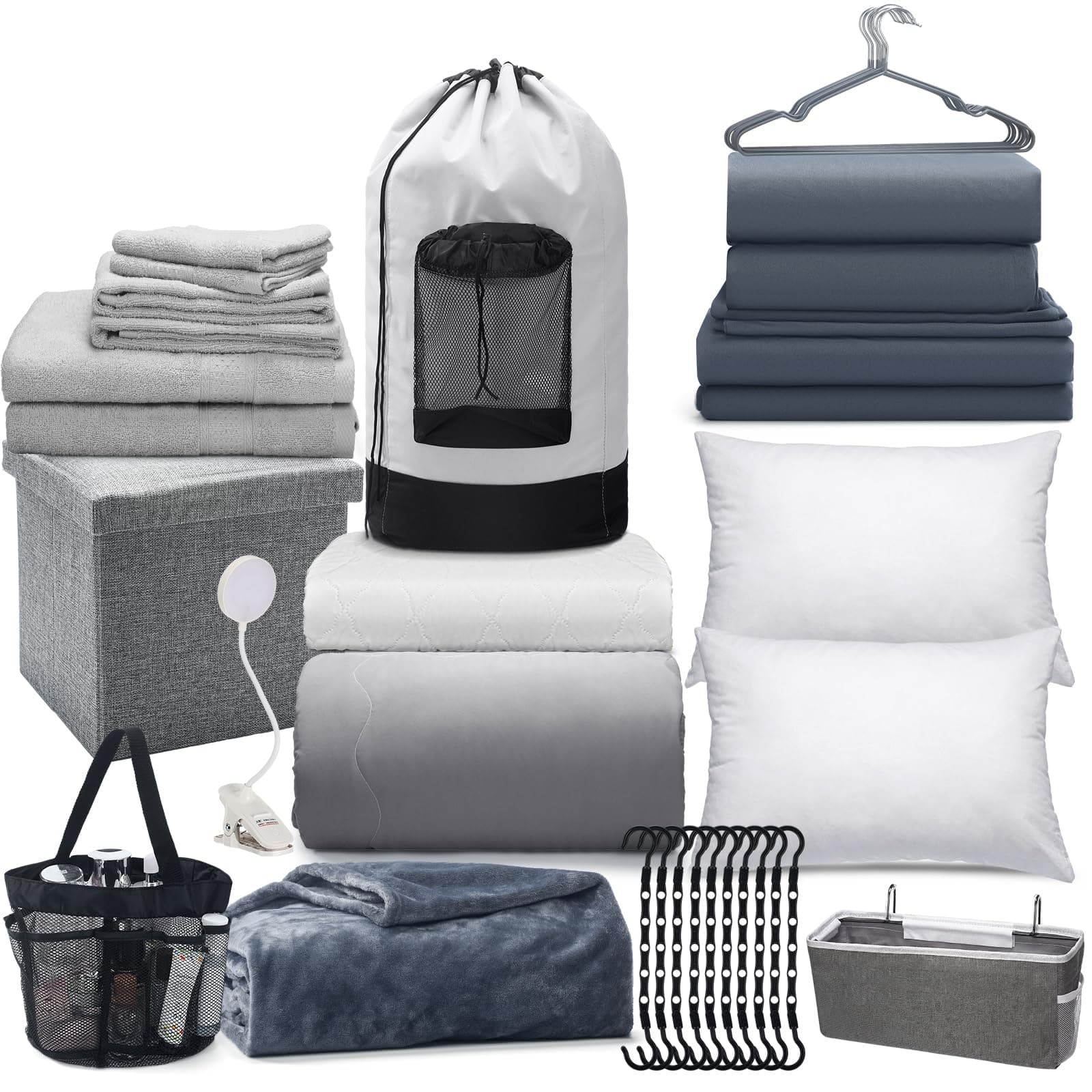 42-Piece Twin XL Dorm Essentials Bundle, Gray