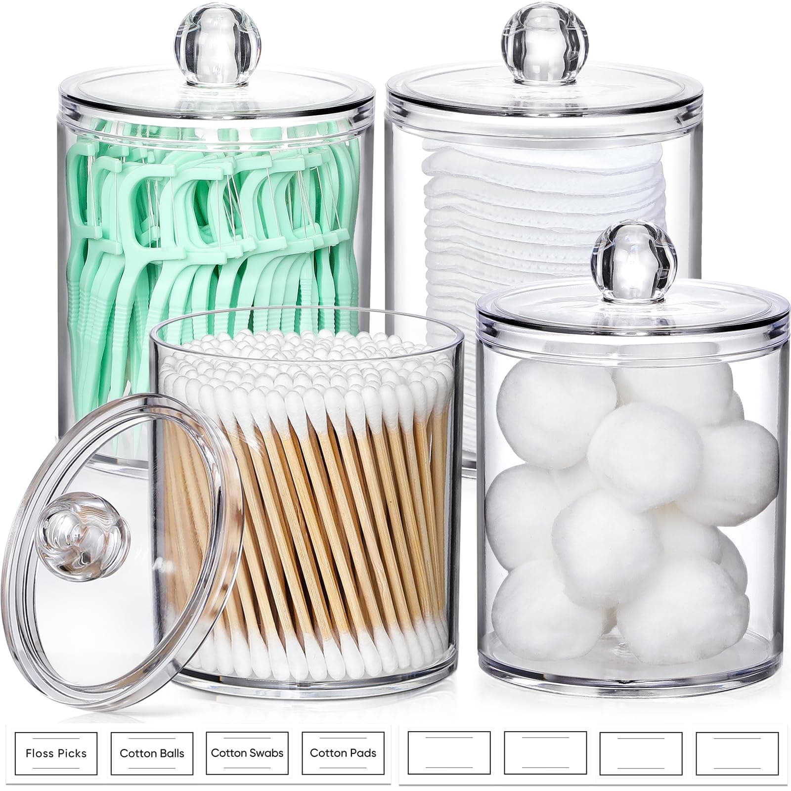 4-Pack Clear Acrylic Cotton Swab & Vanity Jars
