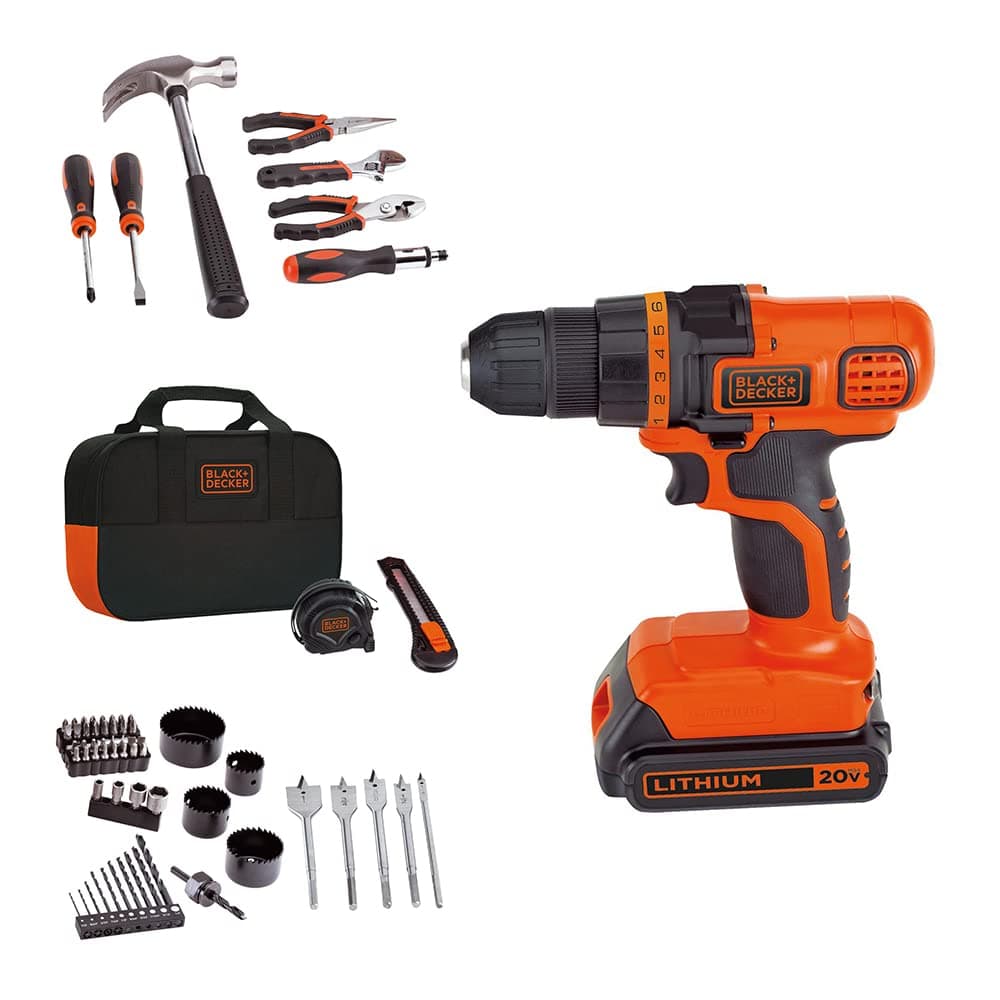 A cordless drill/driver with a home accessory kit, the ideal tool for a first-time DIYer