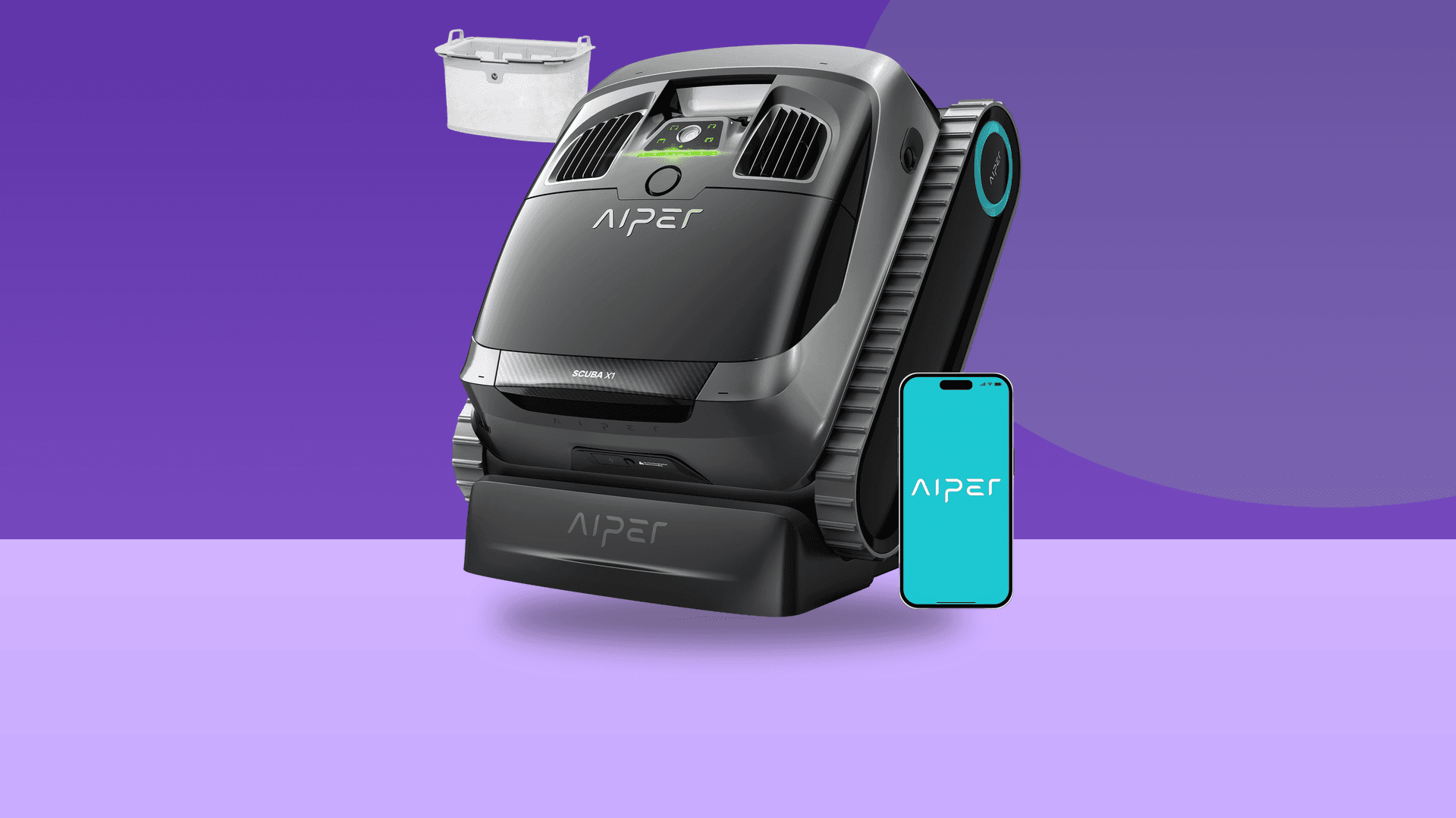 AIPER Scuba X1 cordless pool robot with wireless charging dock on a purple background