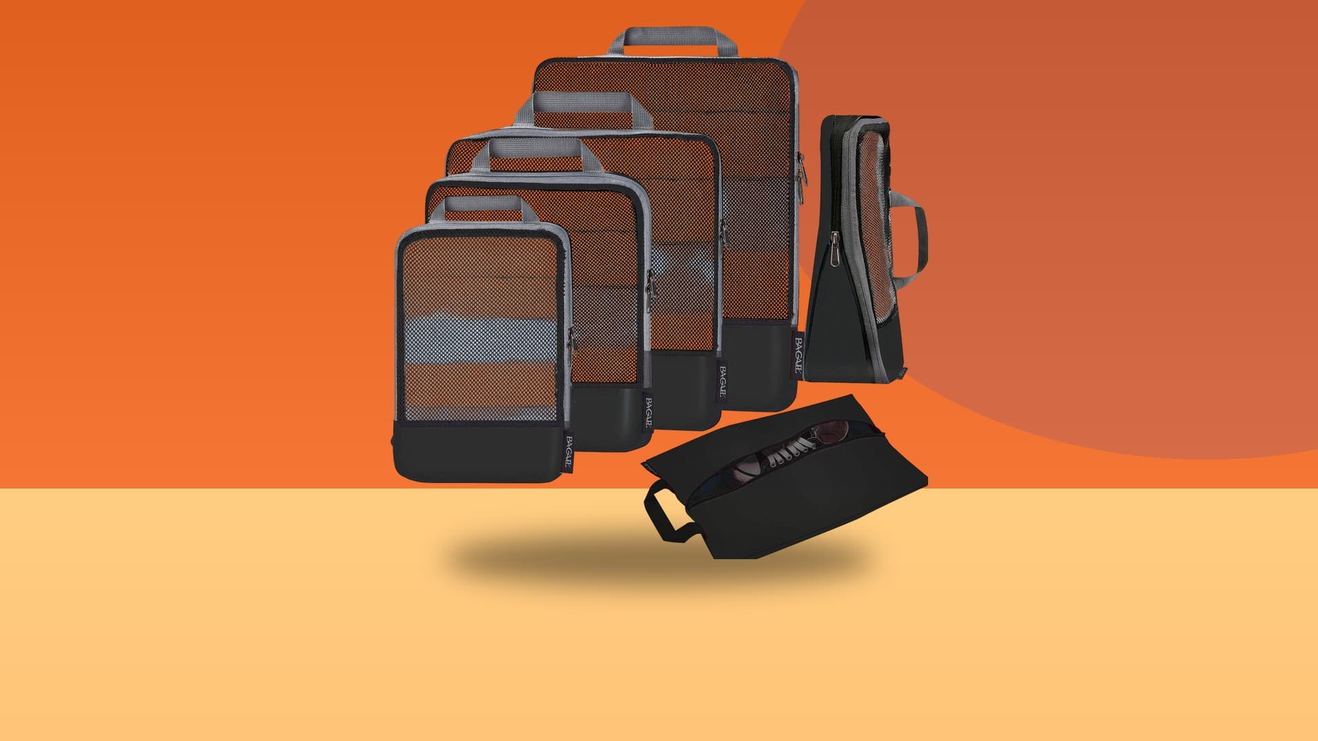 BAGAIL 6-set compression packing cubes on a colorful studio background