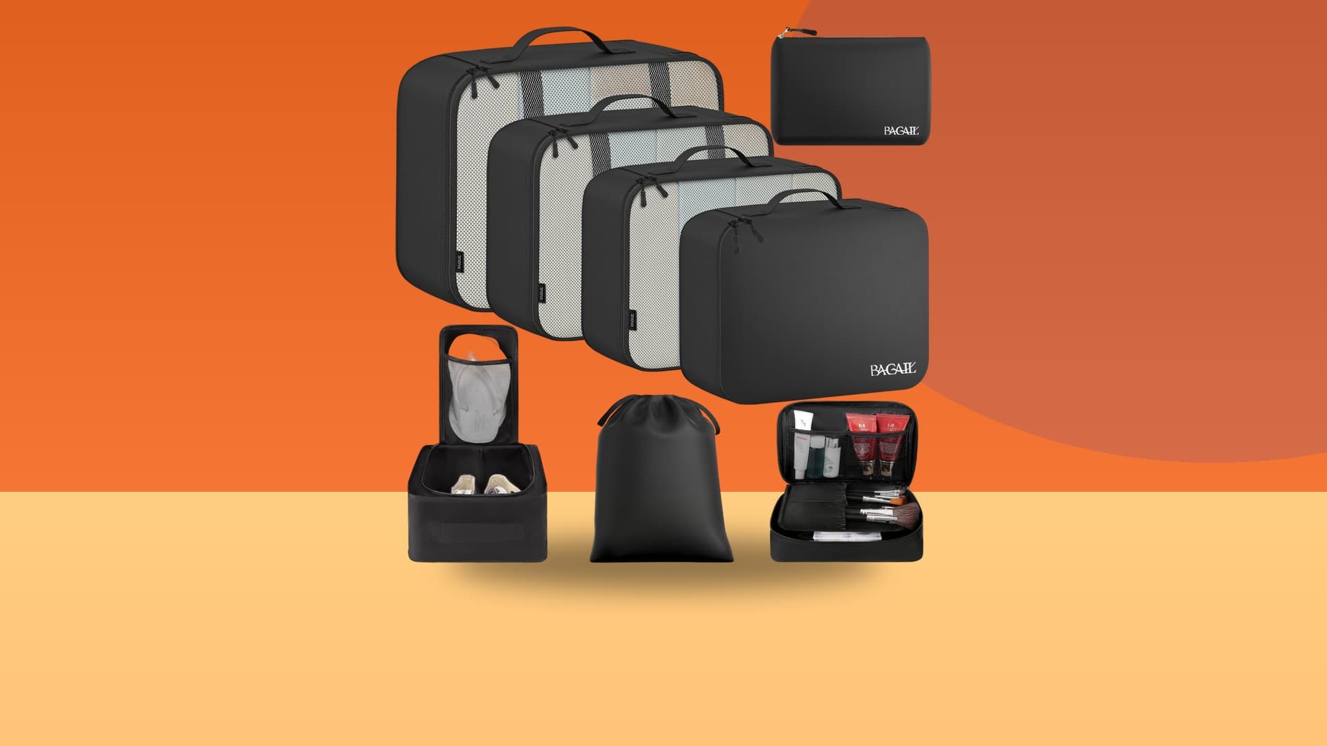 BAGAIL 8-Set Travel Packing Cubes cutout on a colorful studio background
