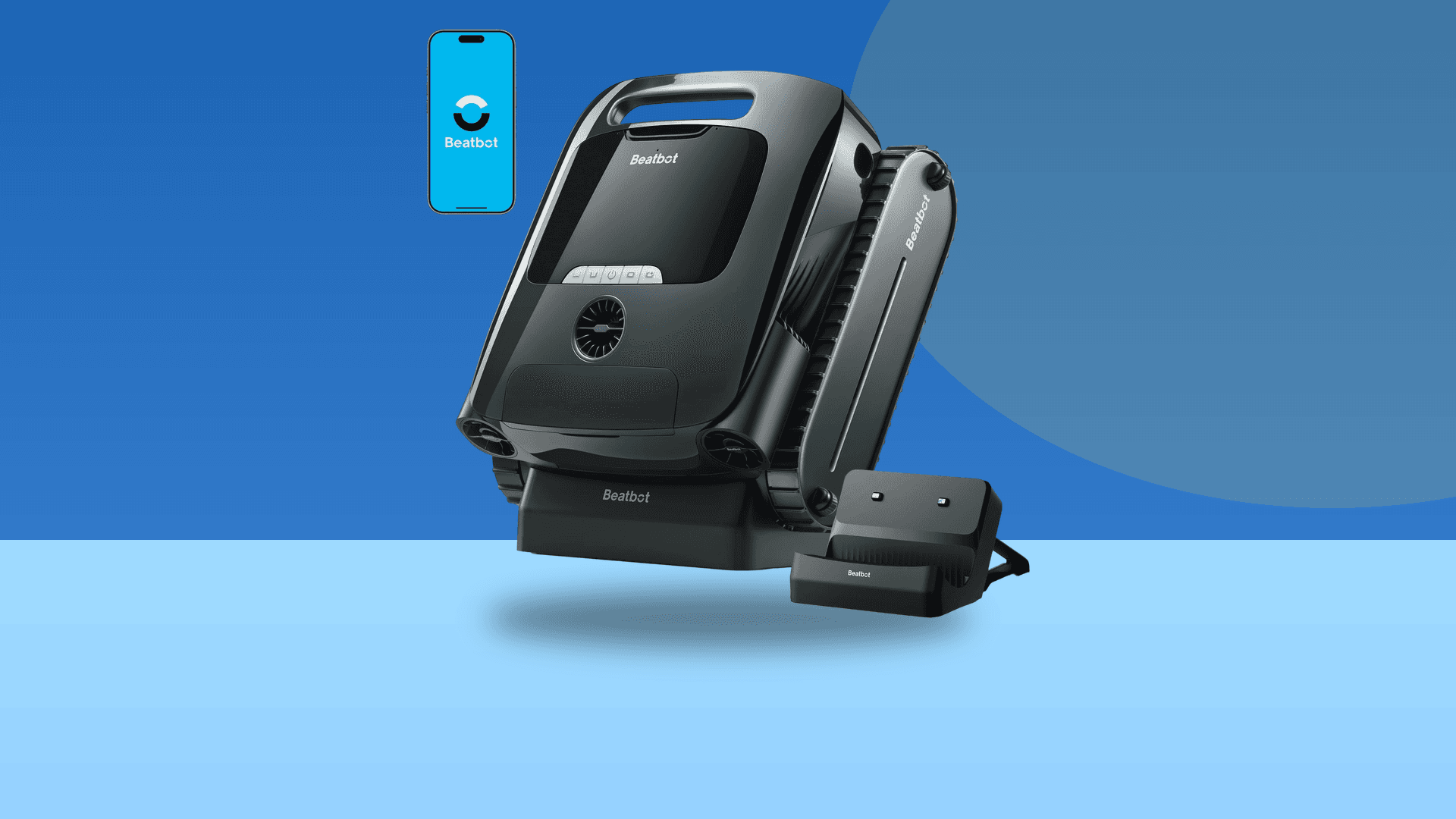 Beatbot AquaSense 2 Pro cordless robotic pool cleaner with charger and app on a blue background