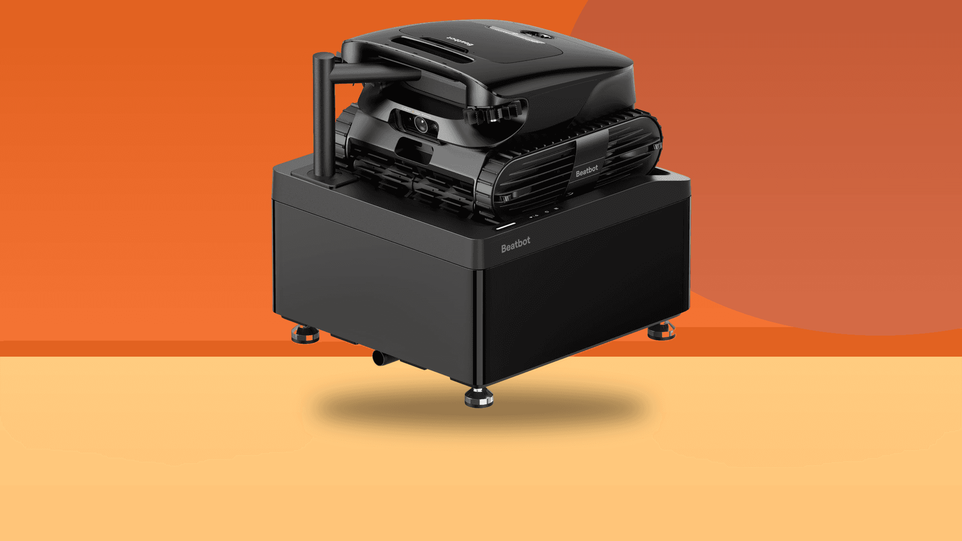 Beatbot AquaSense X pool robot docked on its AstroRinse self-cleaning station
