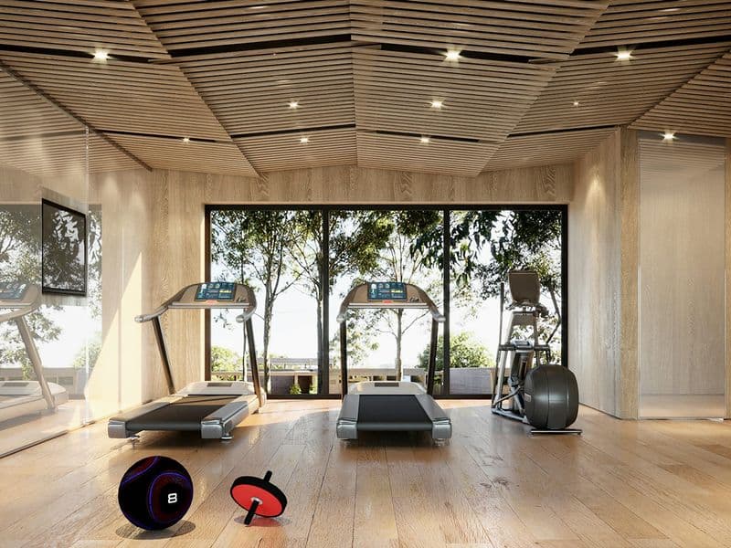 Bright home workout space with a treadmill by large windows, evoking compact cardio in a small home