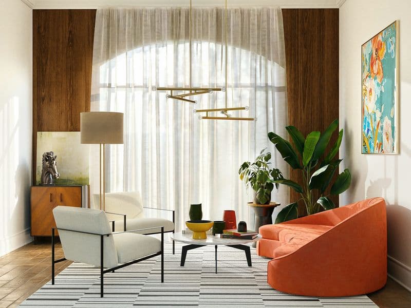 Bright modern living room with floor-to-ceiling white curtains beside a large window