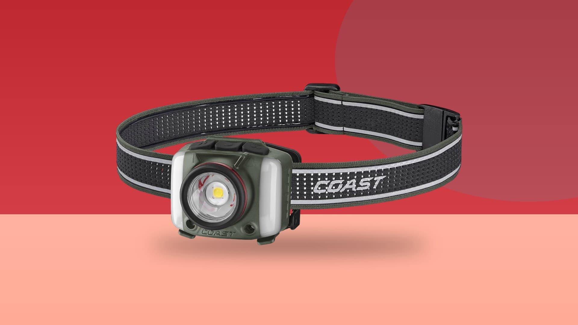 Coast FL97R rechargeable headlamp with glide focus and voice control on a colorful background