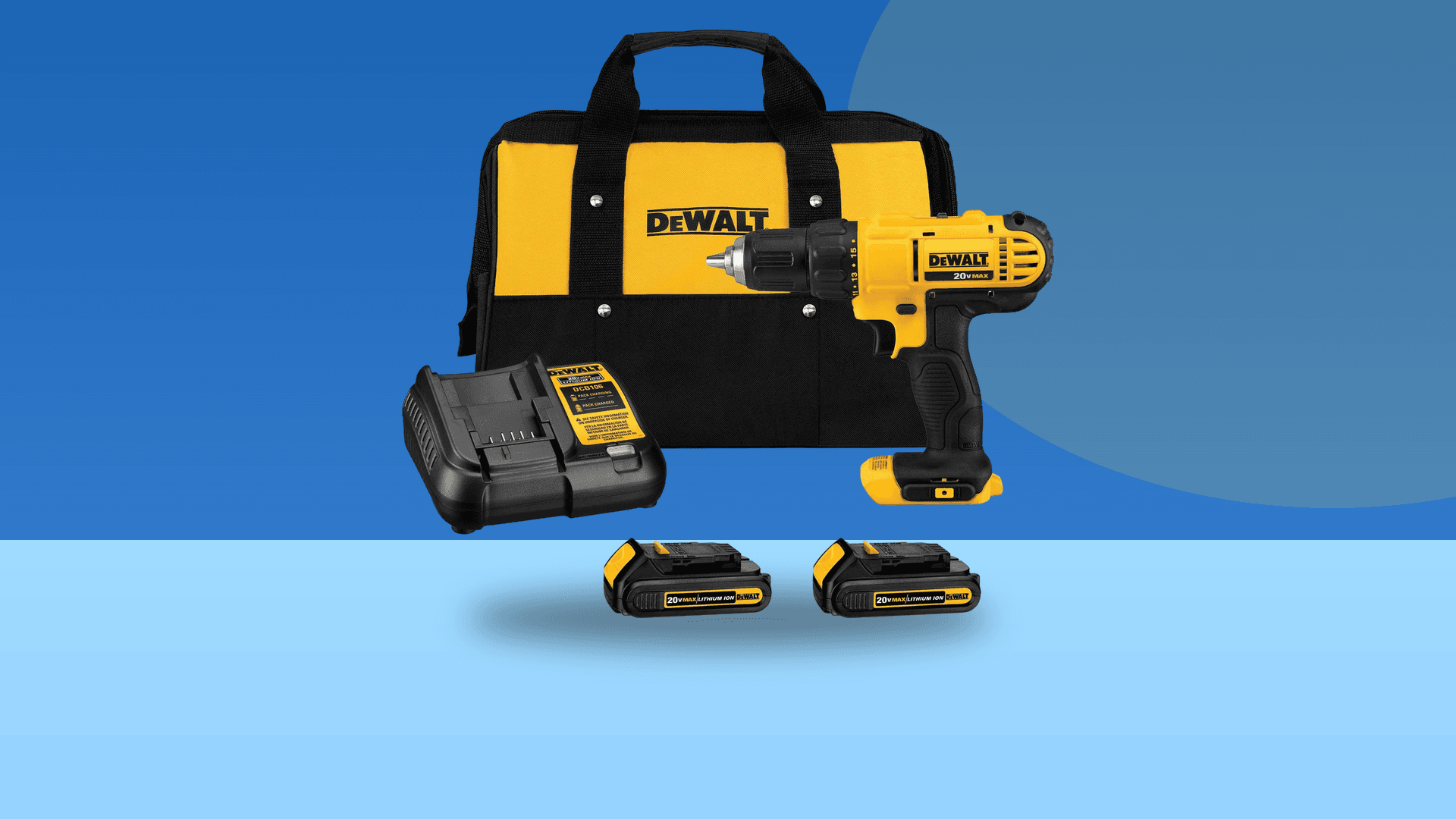 DEWALT DCD771C2 20V MAX compact drill driver on a colorful background