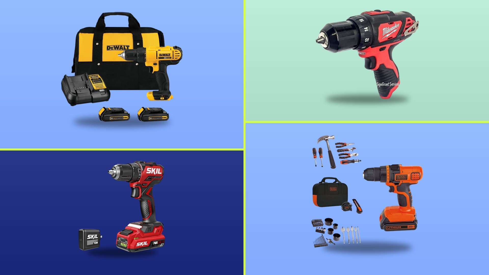 DEWALT, SKIL, Milwaukee, and BLACK+DECKER cordless drills on colorful panels — the best cordless drills of 2026