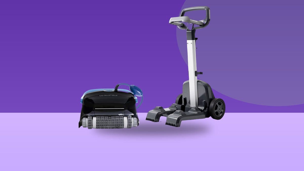 Dolphin Nautilus CC Plus robotic pool cleaner and caddy on a colorful studio background