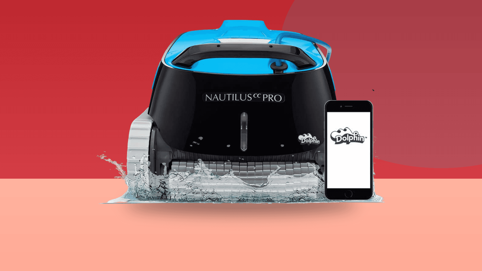 Dolphin Nautilus CC Pro robotic pool cleaner with the MyDolphin Plus app on a colorful background