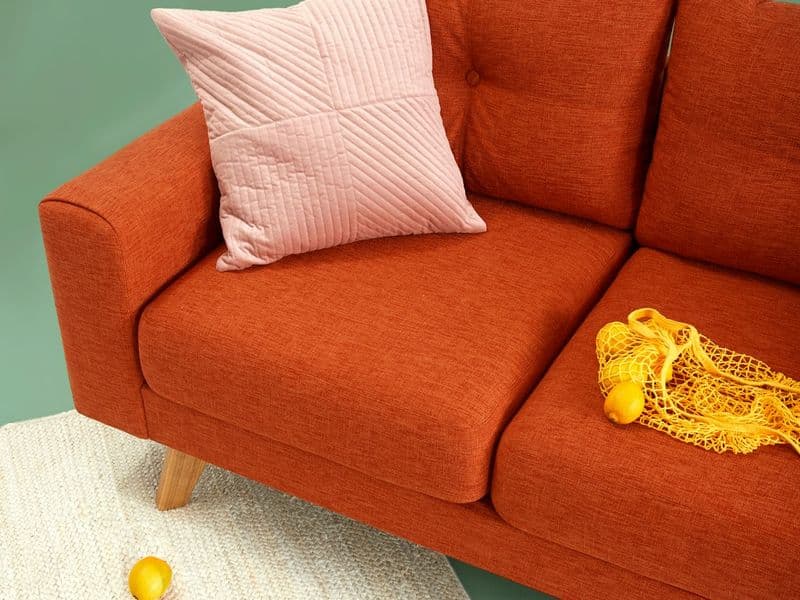 A low-pile washable area rug anchoring a seating area in a bright modern living room