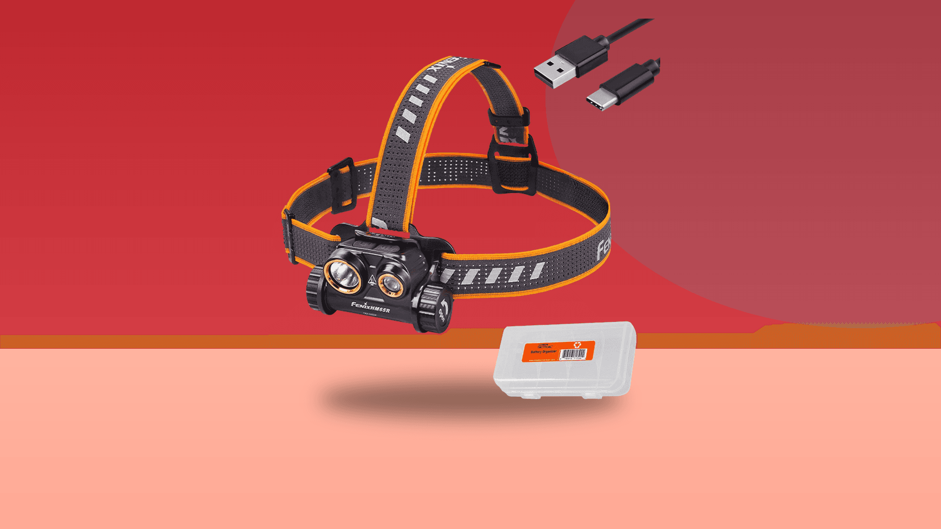 Fenix HM65R dual-beam rechargeable headlamp on a bold colorful background