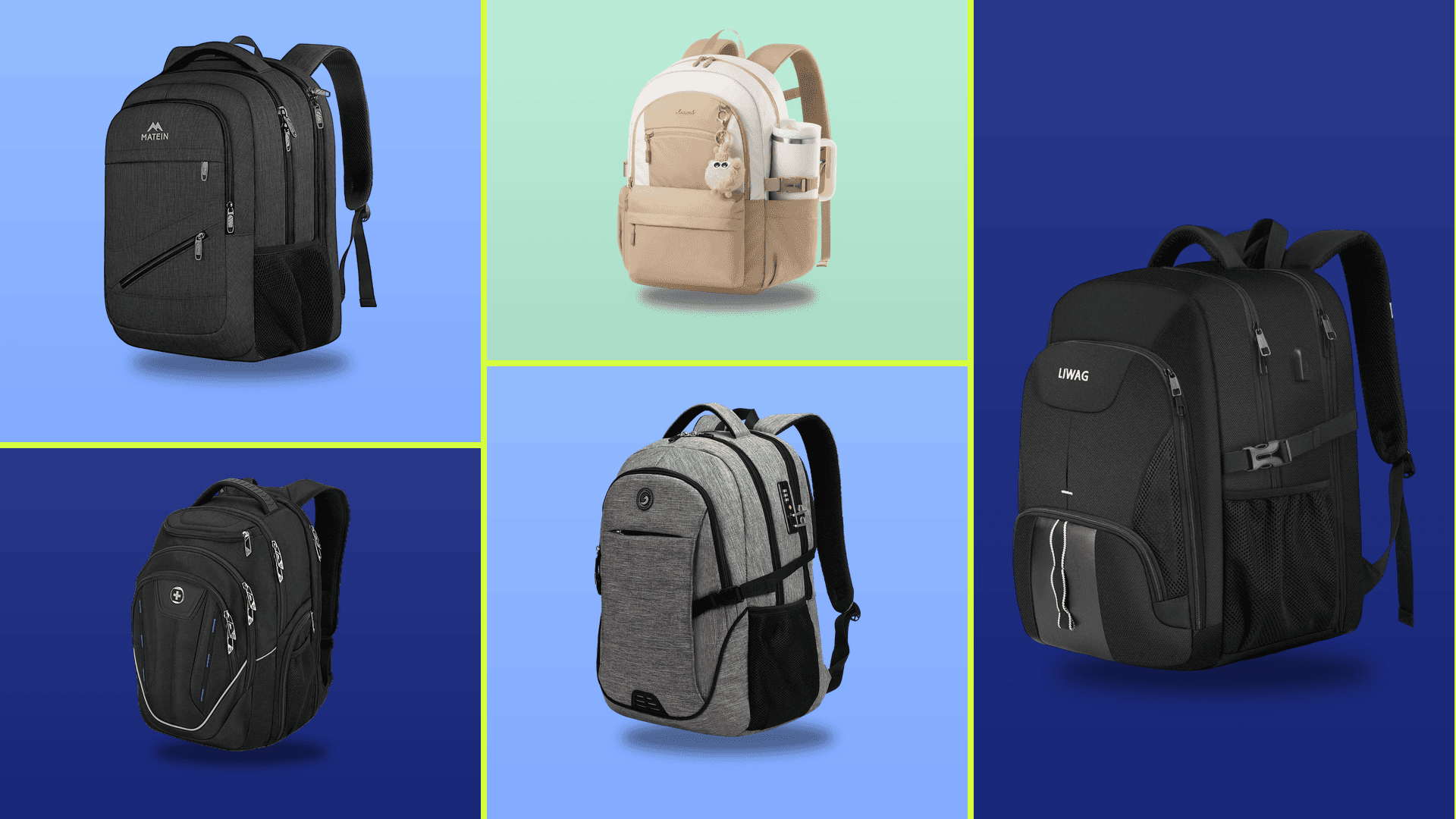 Five of the best laptop backpacks for college arranged on a colorful grid background