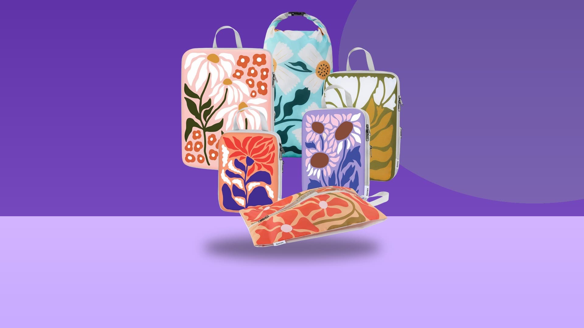 Gonex 6-piece compression packing cubes on a colorful studio background