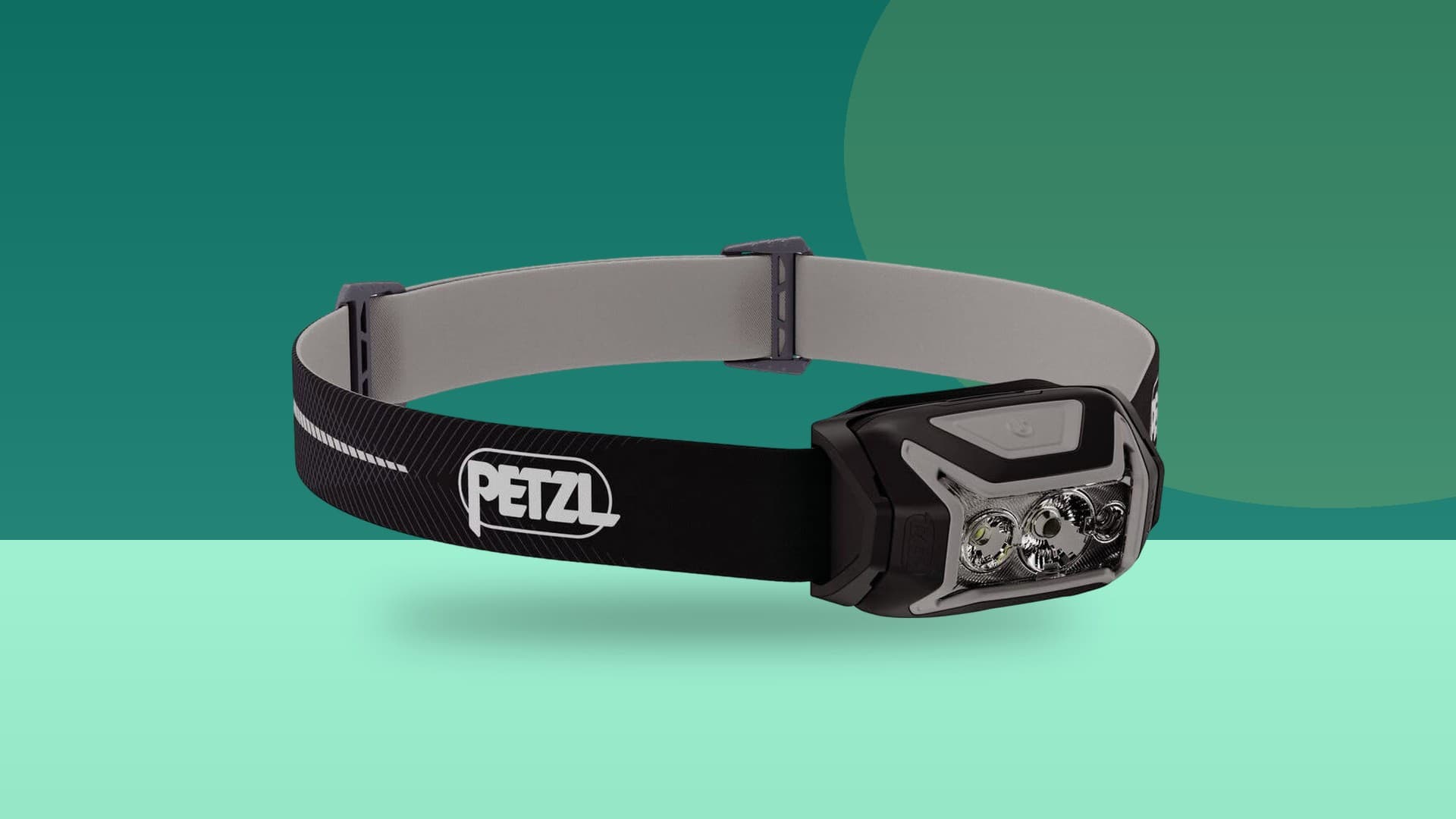 Petzl Actik Core rechargeable headlamp on a colorful teal background