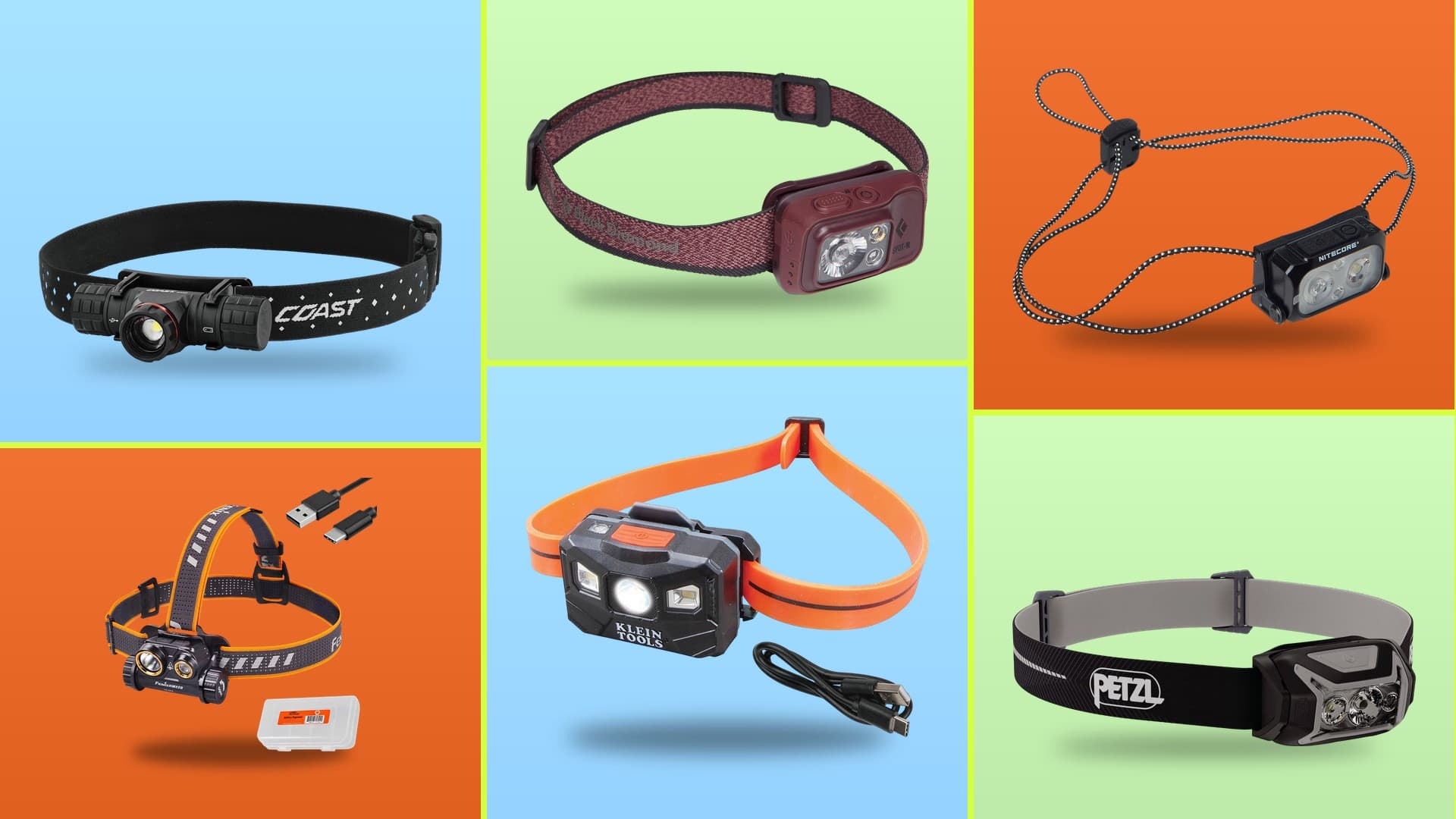 Six rechargeable headlamps for work and outdoor use on colorful panels: Coast XPH30R, Fenix HM65R, Black Diamond Spot 400-R, Klein Tools 56064, Nitecore NU25, and Petzl Actik Core