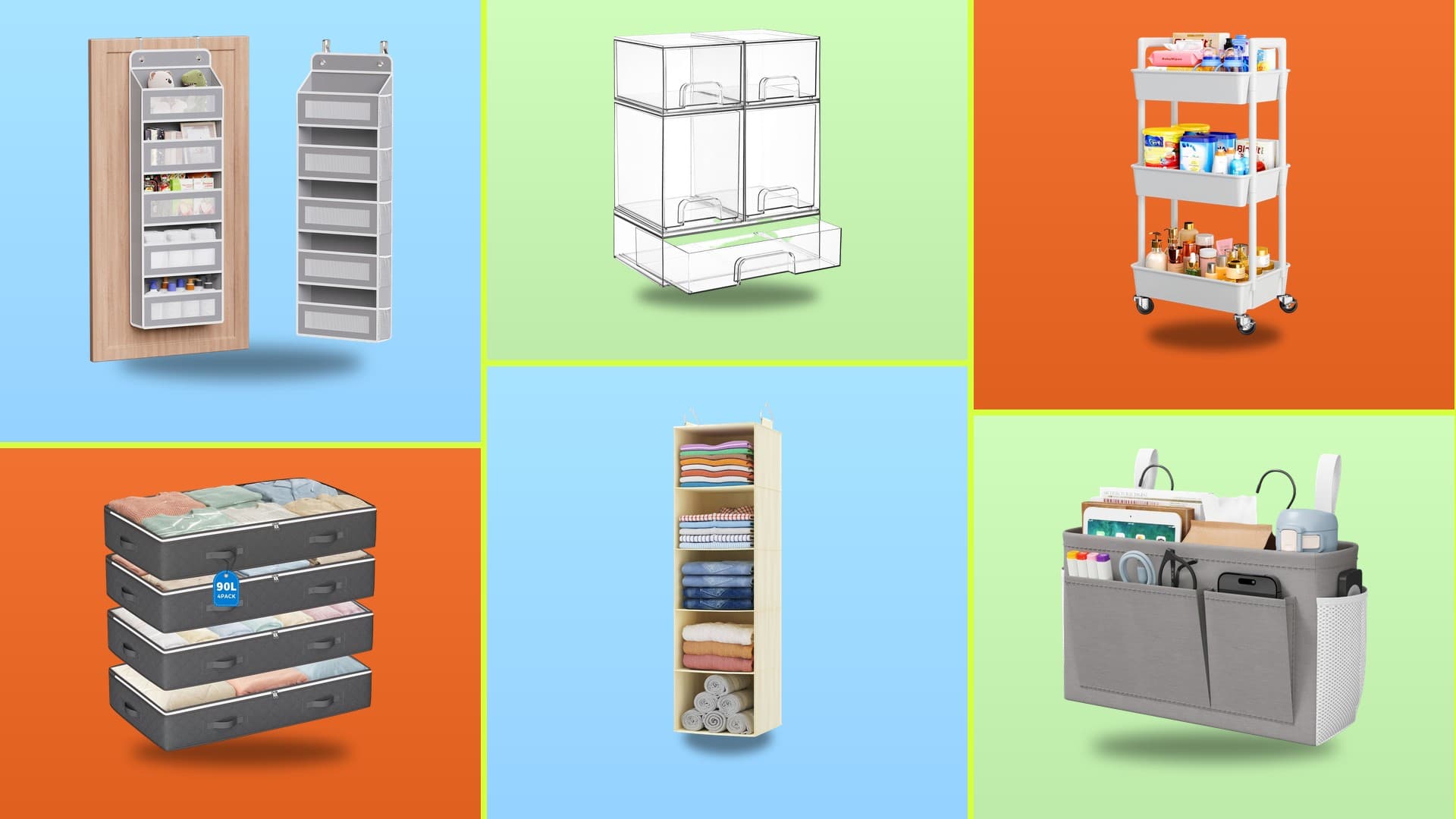 Six small dorm room organization products on colorful panels: over-door organizer, under-bed bins, clear stackable drawers, hanging closet organizer, rolling cart, and bedside caddy