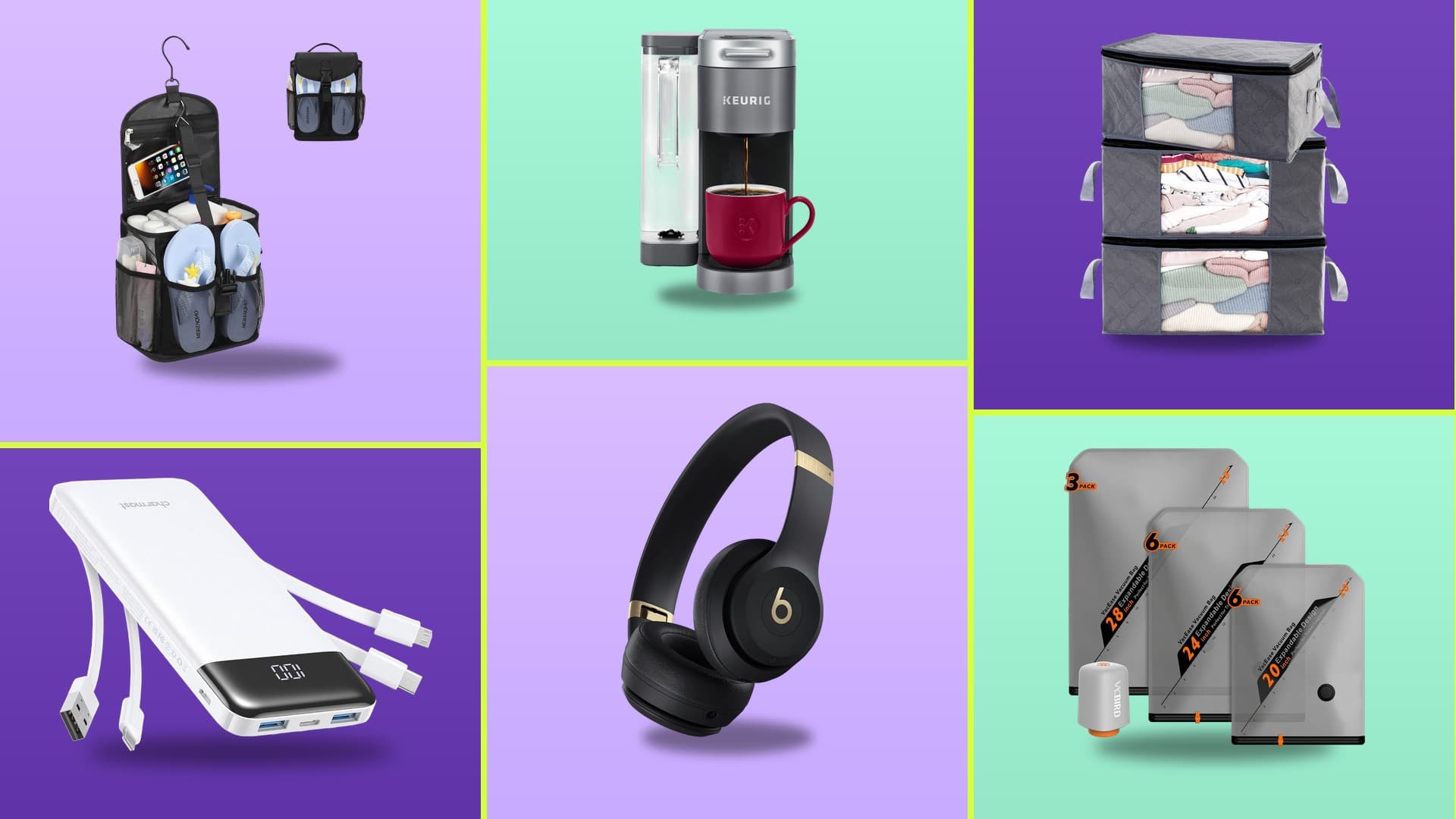 Six top dorm essentials for 2026 on a colorful grid: hanging shower caddy, Keurig K-Supreme brewer, fabric storage bins, Charmast power bank, Beats Solo 4 headphones, and Vacbird vacuum storage bags