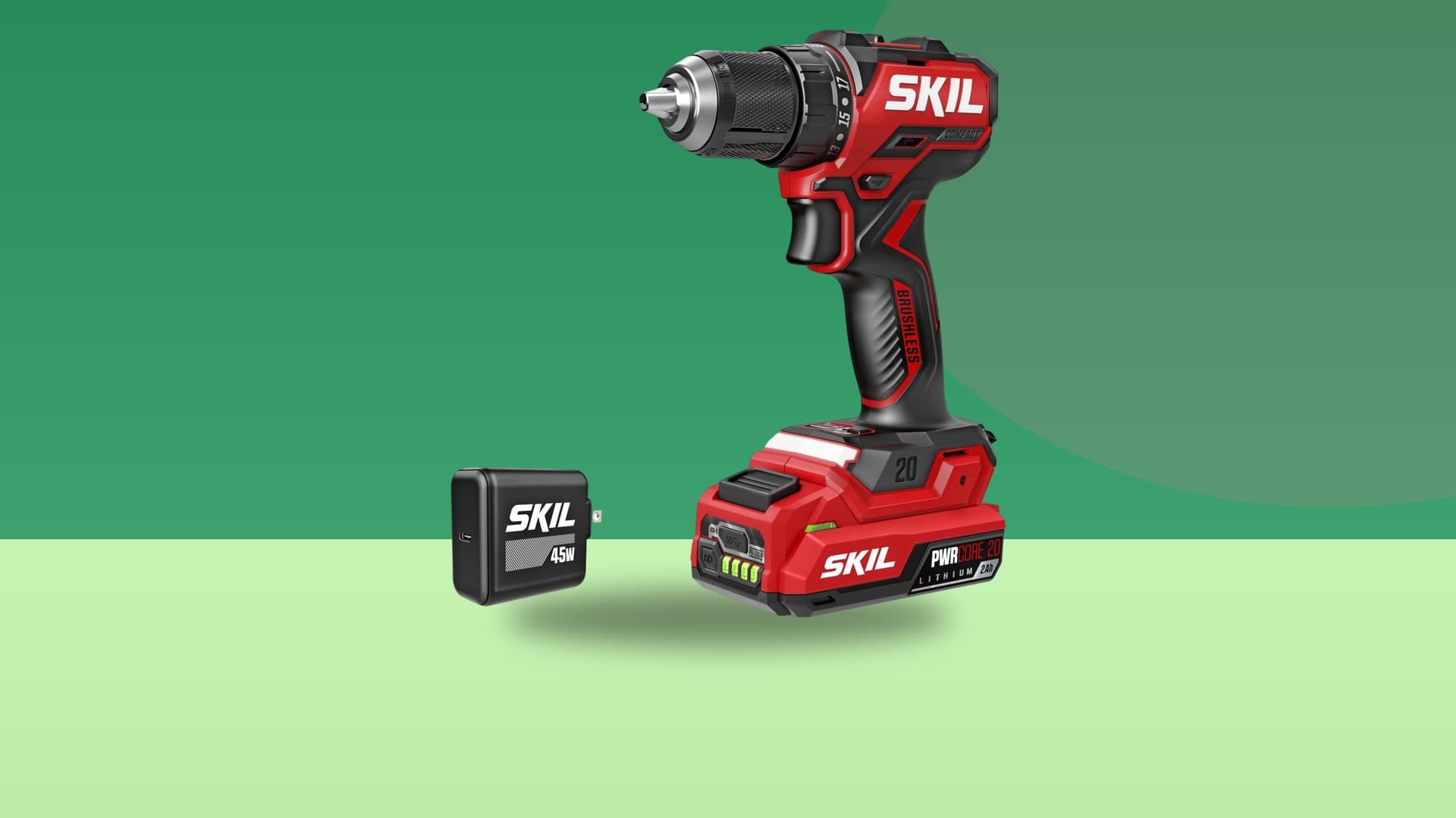 Skil PWR CORE 20 brushless drill driver with battery and USB-C charger on a color-blocked background