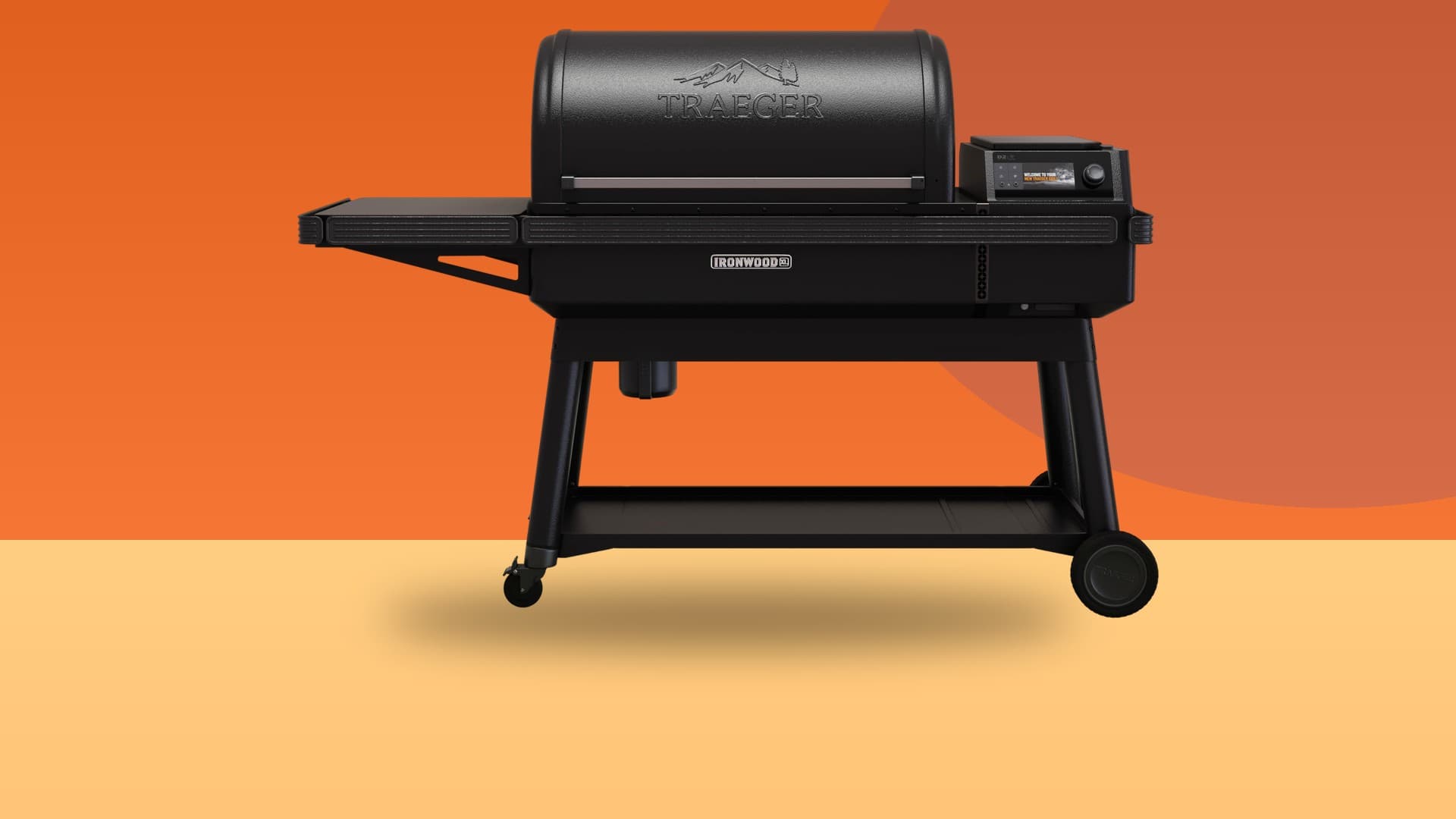 Traeger Ironwood XL wood pellet grill on a colorful studio background