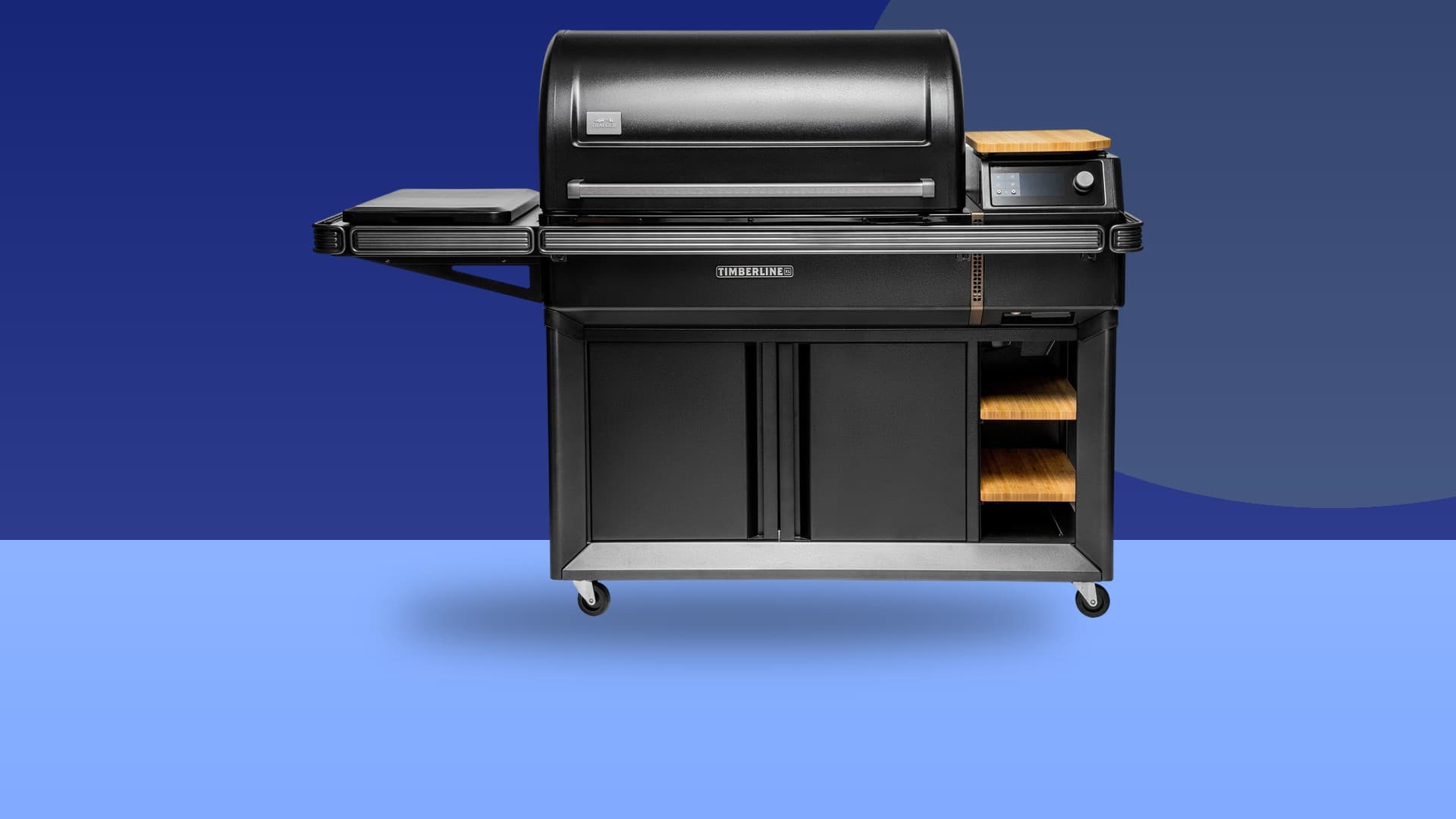 Traeger Timberline XL wood pellet grill on a colorful studio background