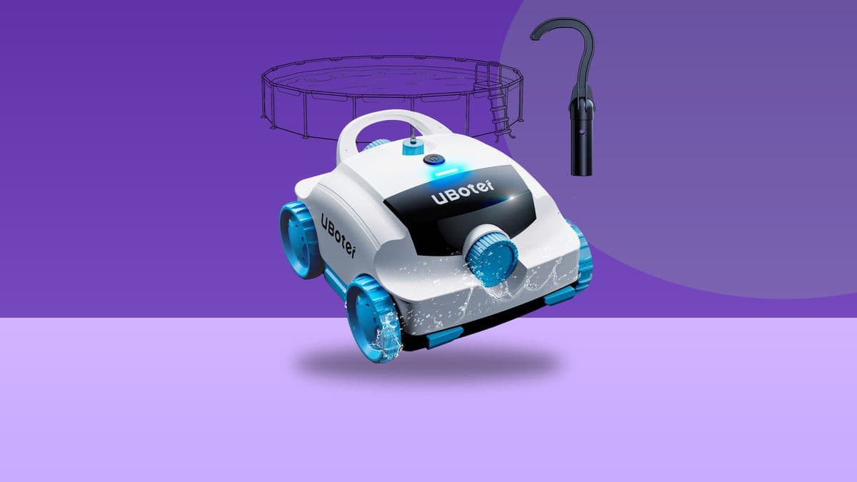 UBoter E10 cordless robotic pool vacuum cutout on a colorful editorial background