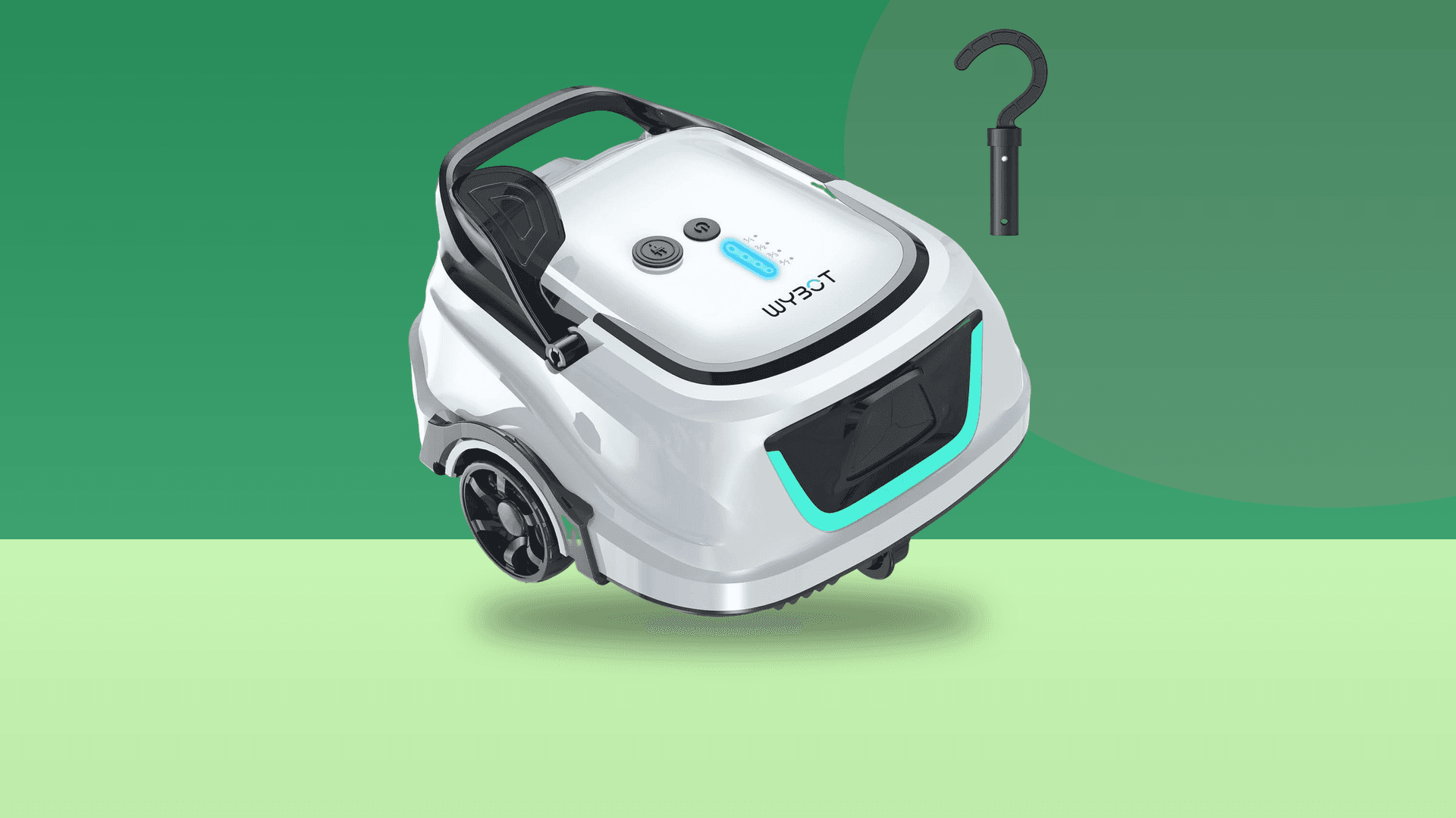 WYBOT A1 cordless robotic pool vacuum on a colorful background