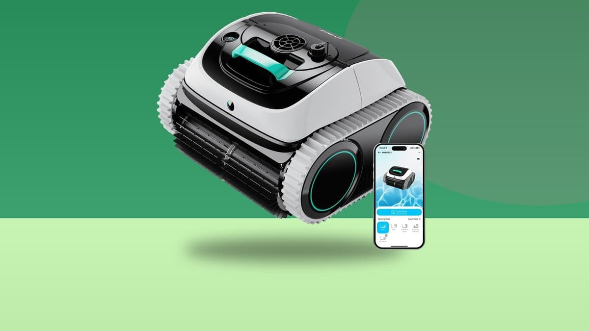 WYBOT C1 cordless robotic pool cleaner with the WYBOT app on a green background