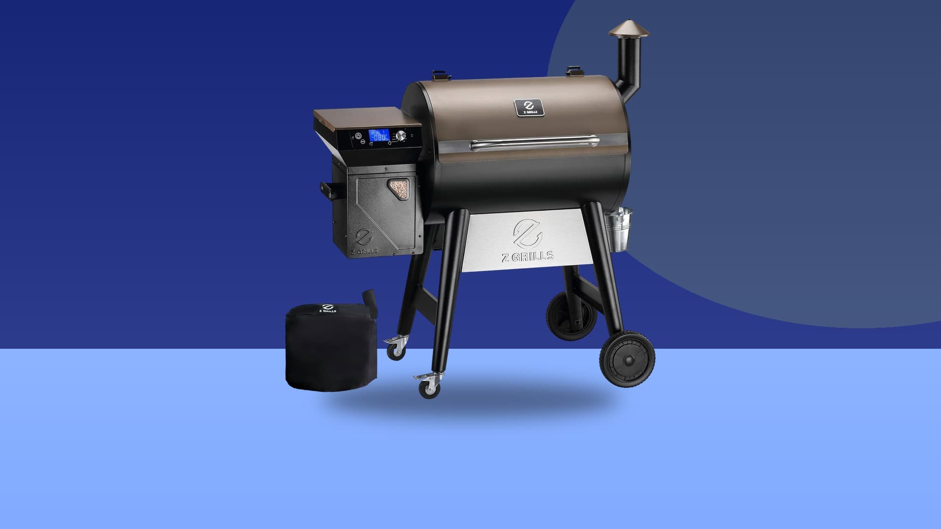 Z Grills 7002C wood pellet grill on a colorful studio background