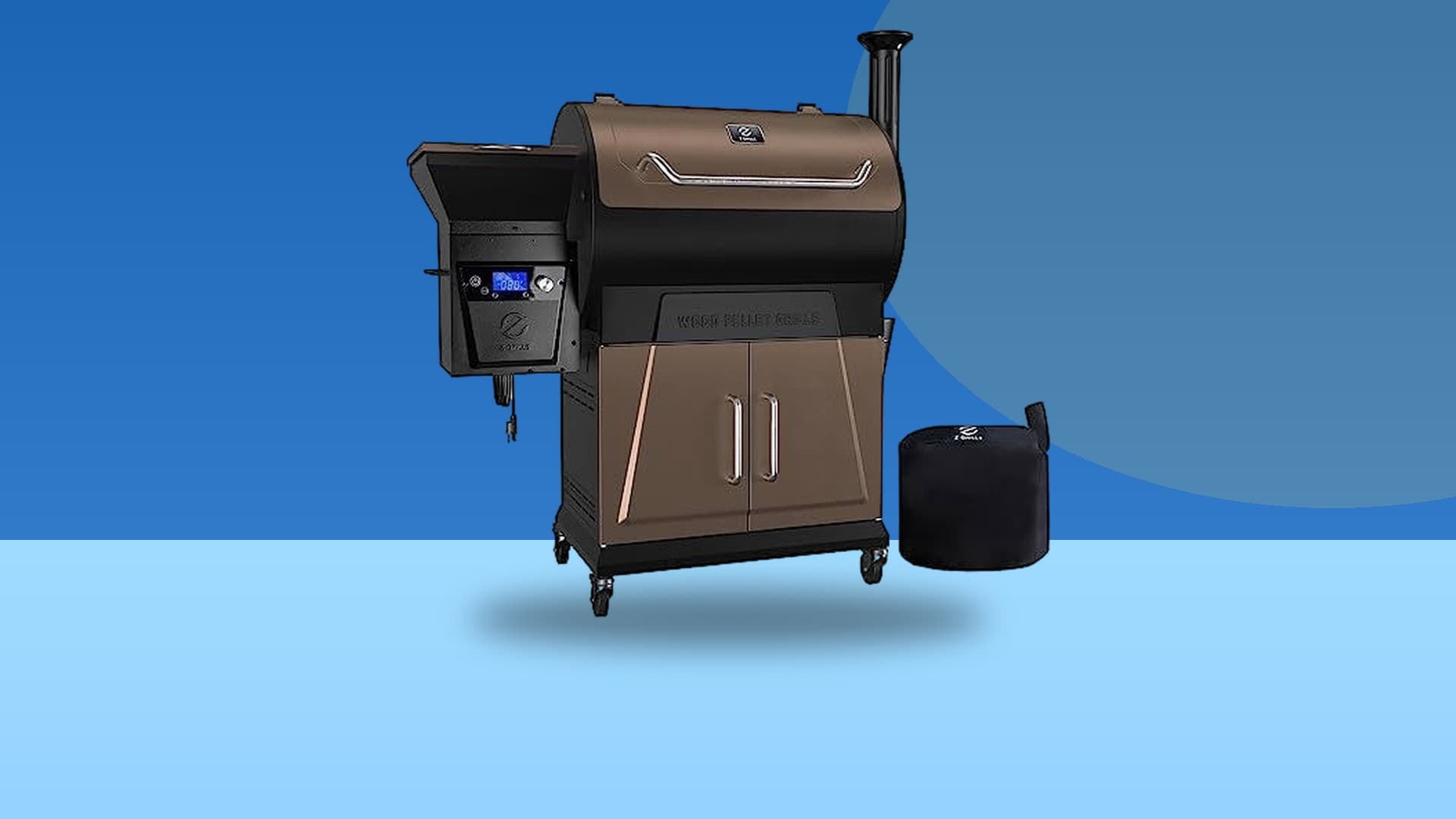 Z Grills Electric wood pellet grill on a colorful studio background