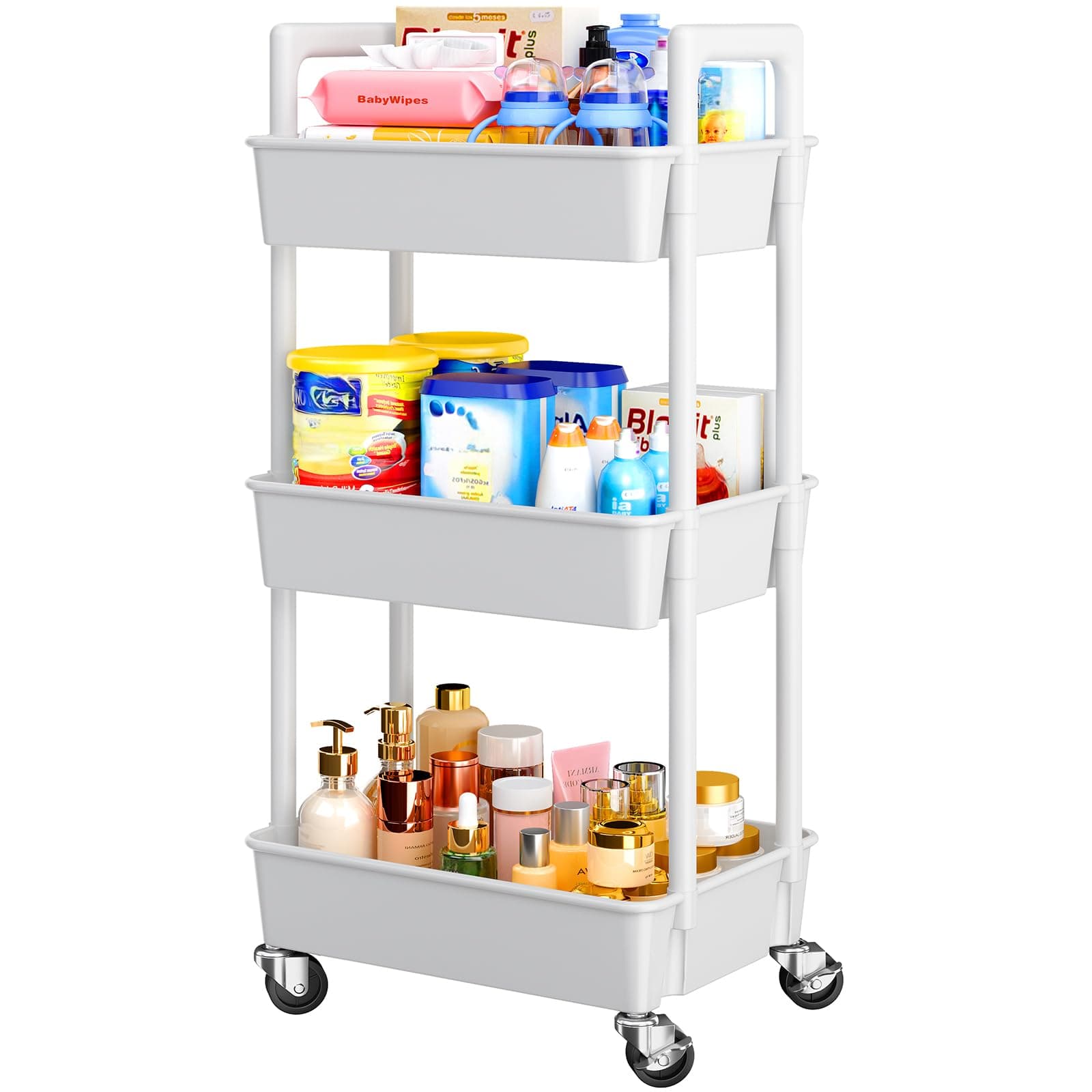 Pipishell 3-Tier Rolling Storage Cart, White