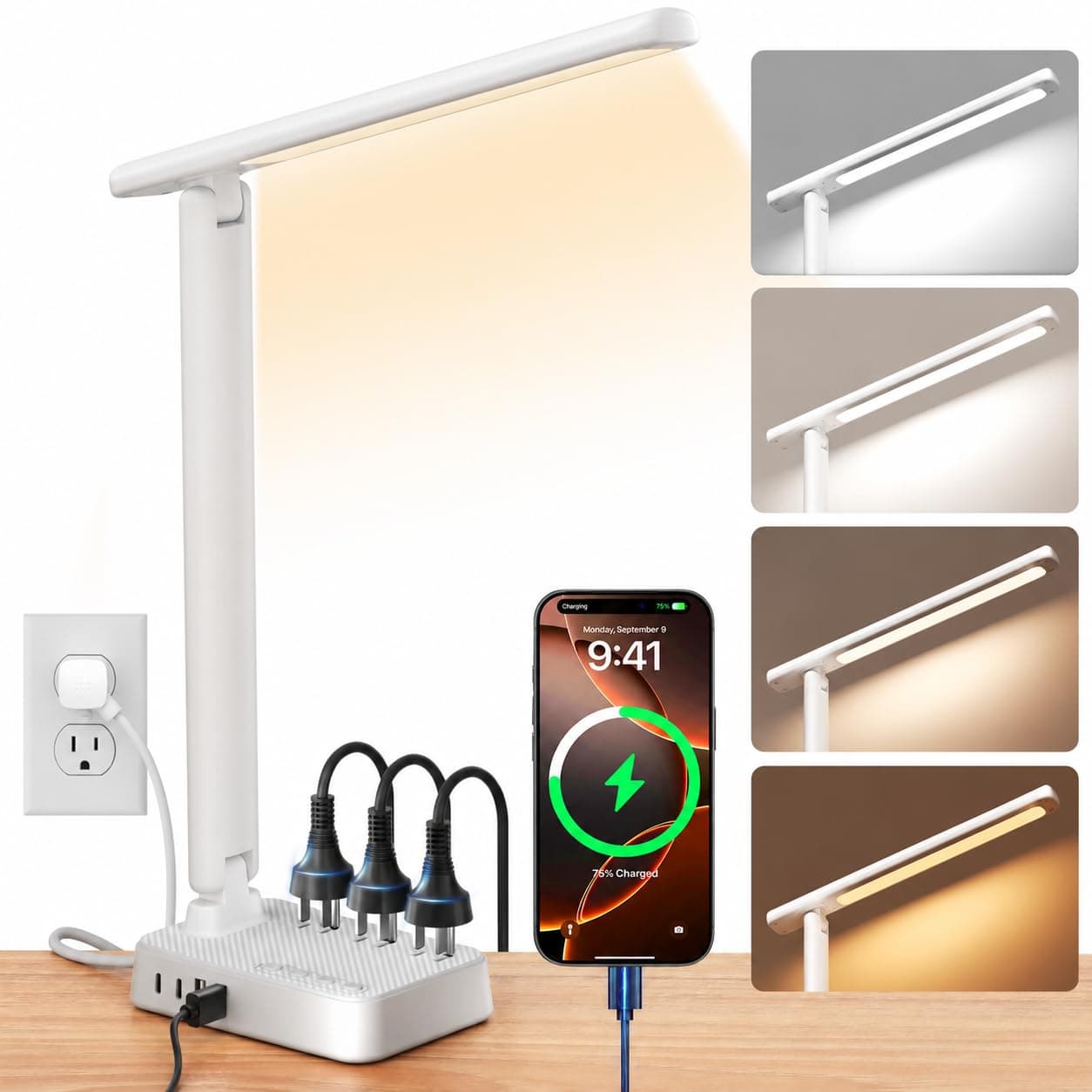 LED Desk Lamp with Power Strip and Stepless Dimming