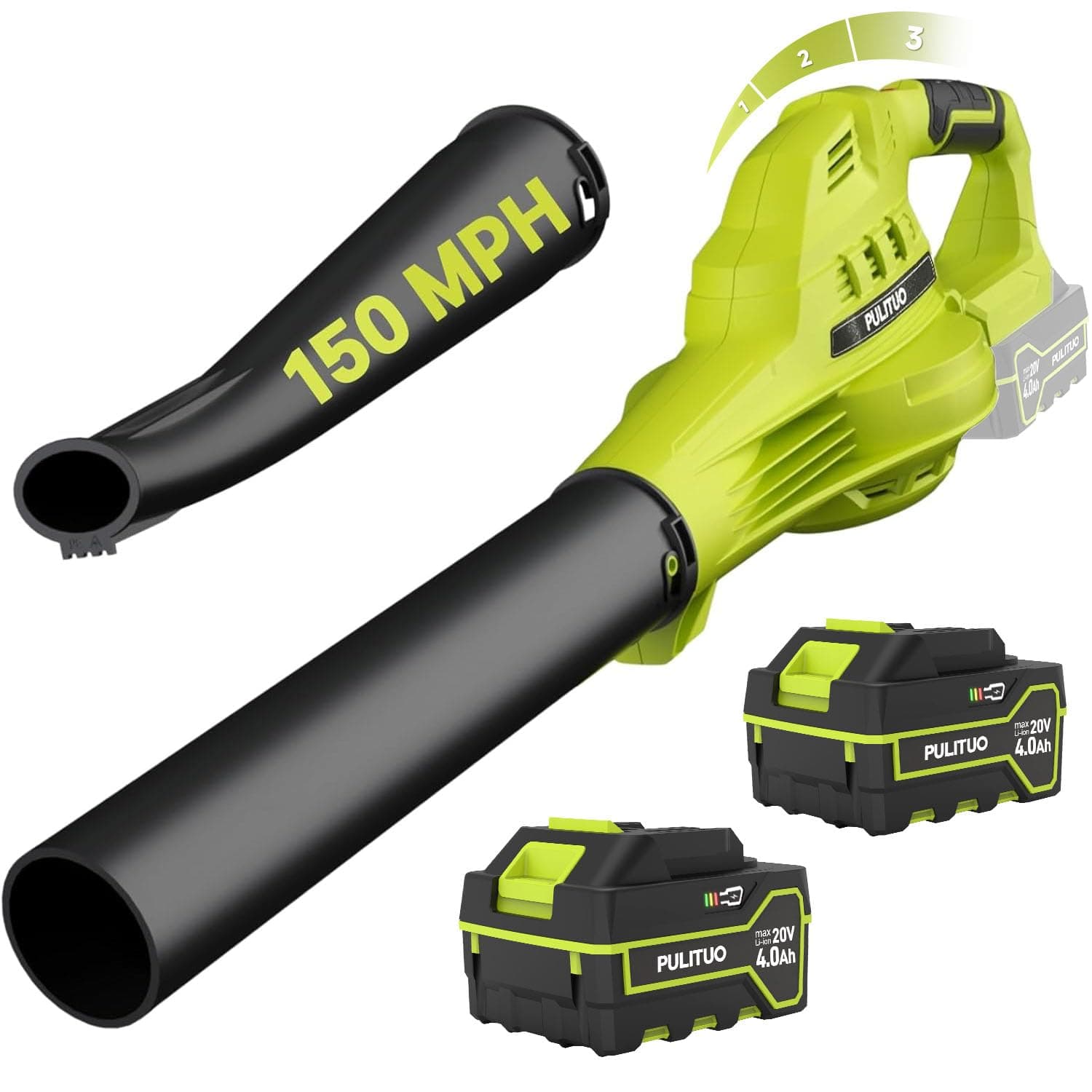 Cordless Leaf Blower, 150 MPH, 2x 4.0Ah Batteries, 3 Speeds